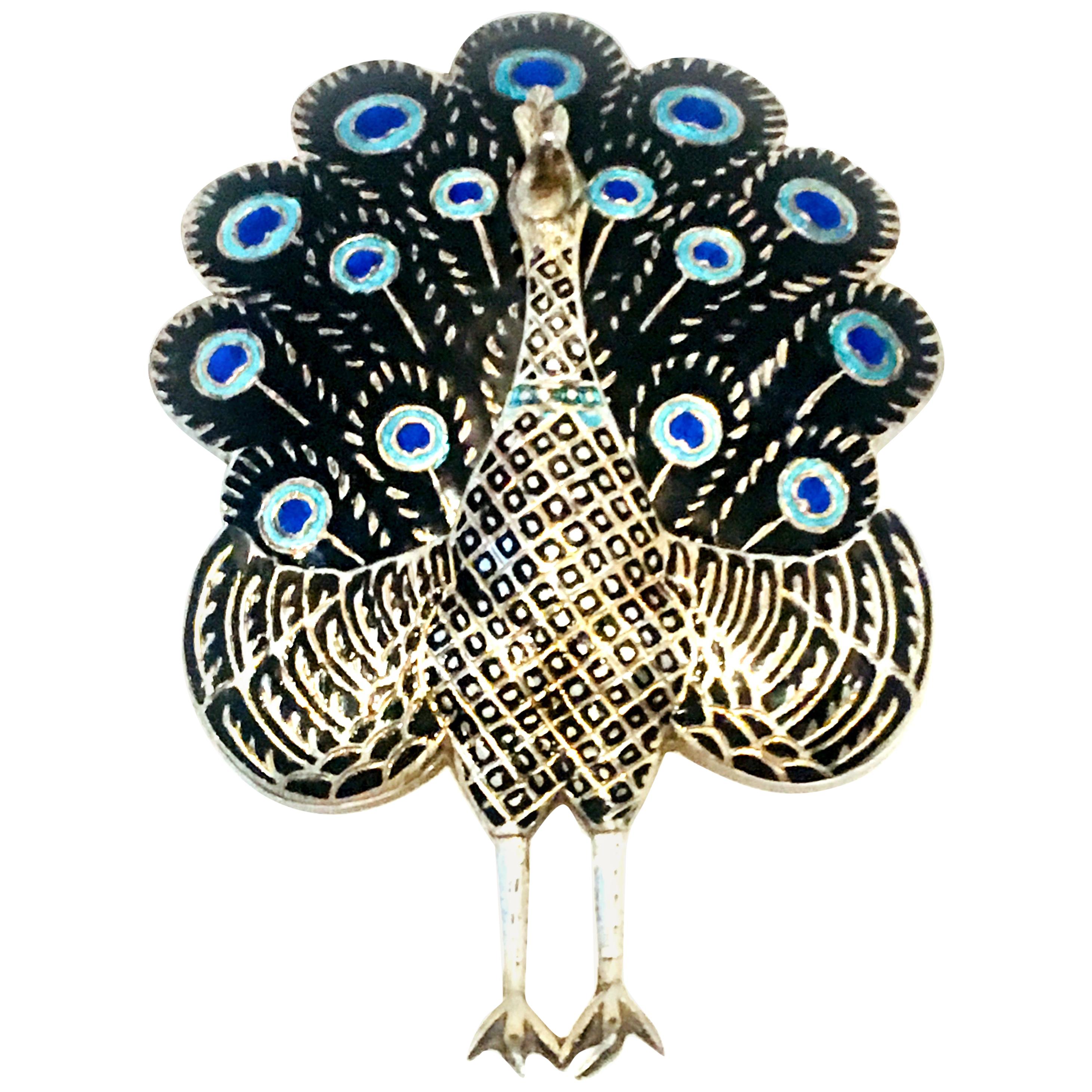 Mid-20th Century Sterling Silver & Enamel Articulating Peacock Brooch-Signed For Sale