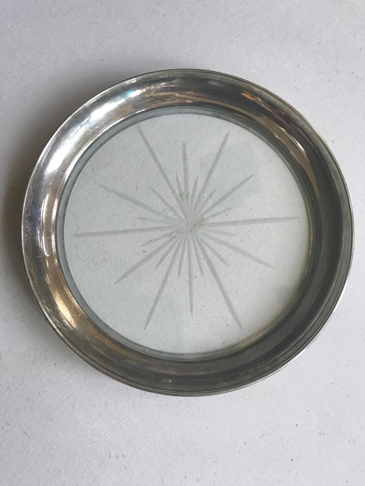 Mid-20th century sterling silver and glass wine bottle coaster.