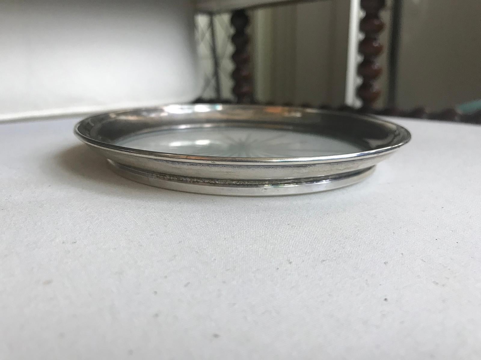 Etched Mid-20th Century Sterling Silver and Glass Wine Bottle Coaster