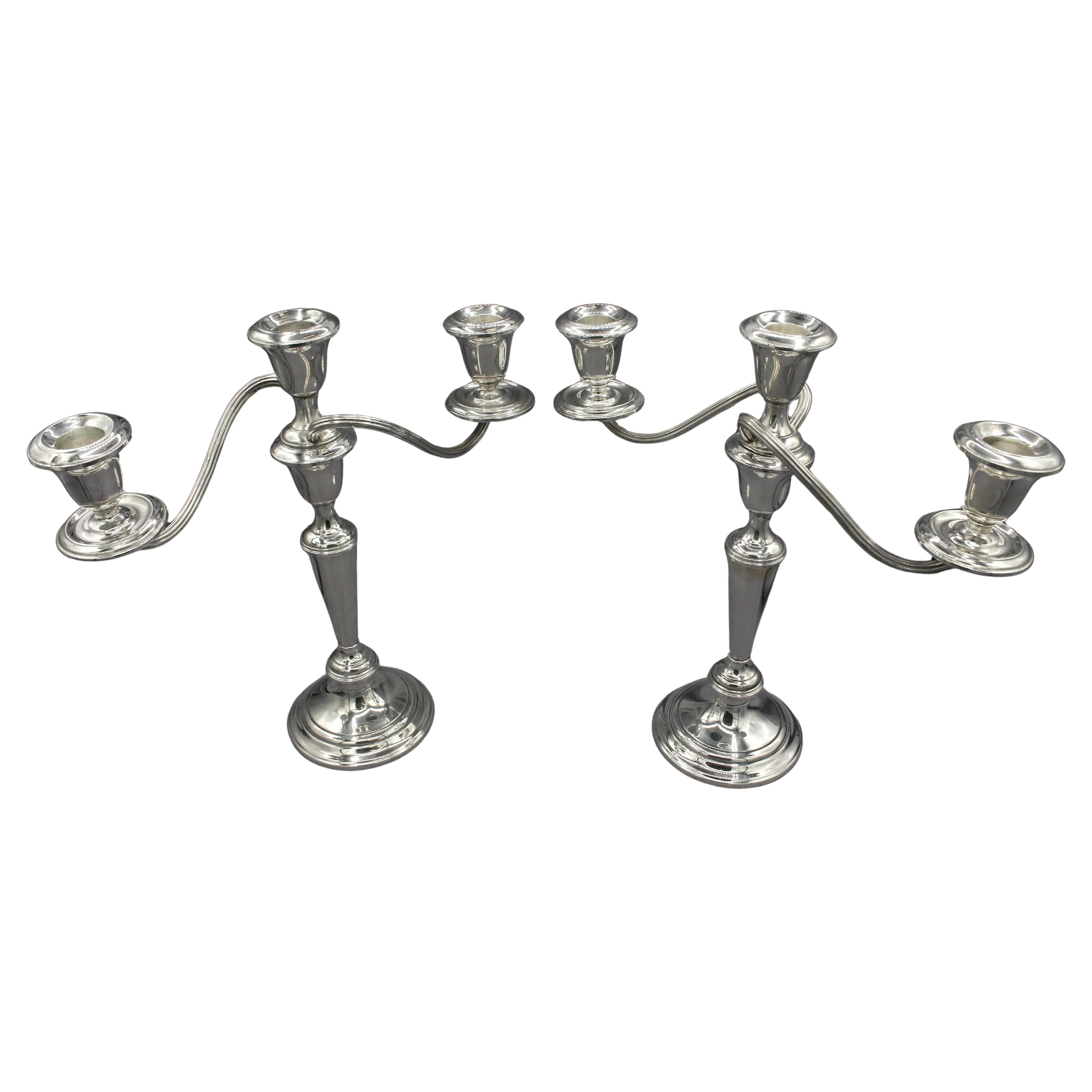 Mid-20th Century Sterling Silver Pair of 3-Light Candelabras by Gorham