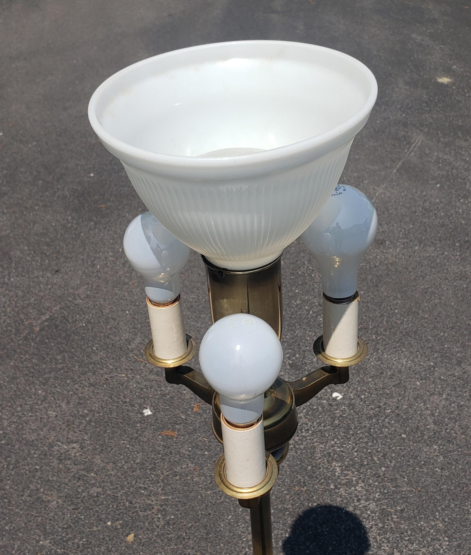 Midcentury Stiffel Brass 4-way Torchiere Floor Lamp with milk glass shade.
Measures 11