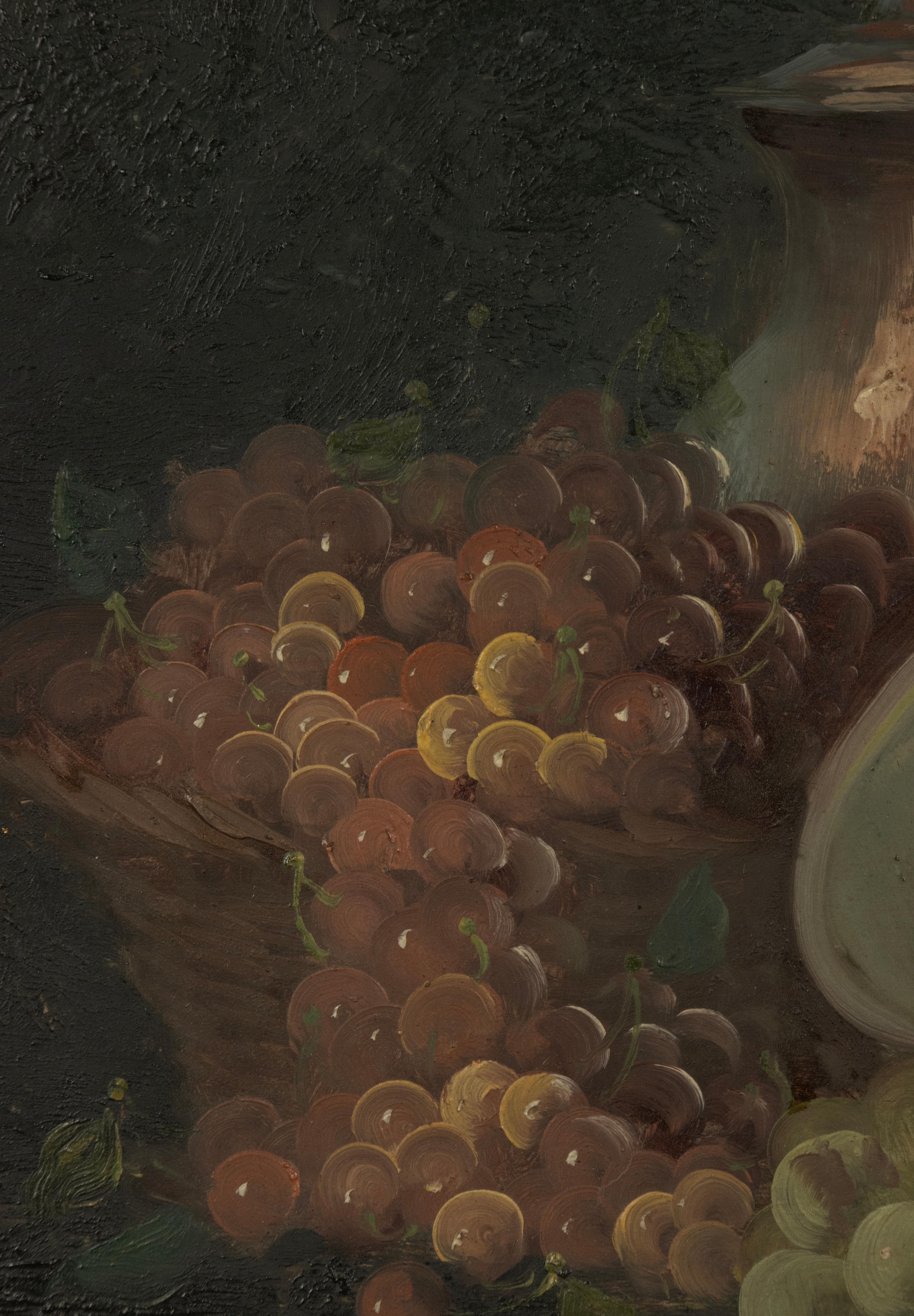 Nature morte du milieu du XXe siècle - Georges Duval - Huile sur toile - Raisins en vente 5
