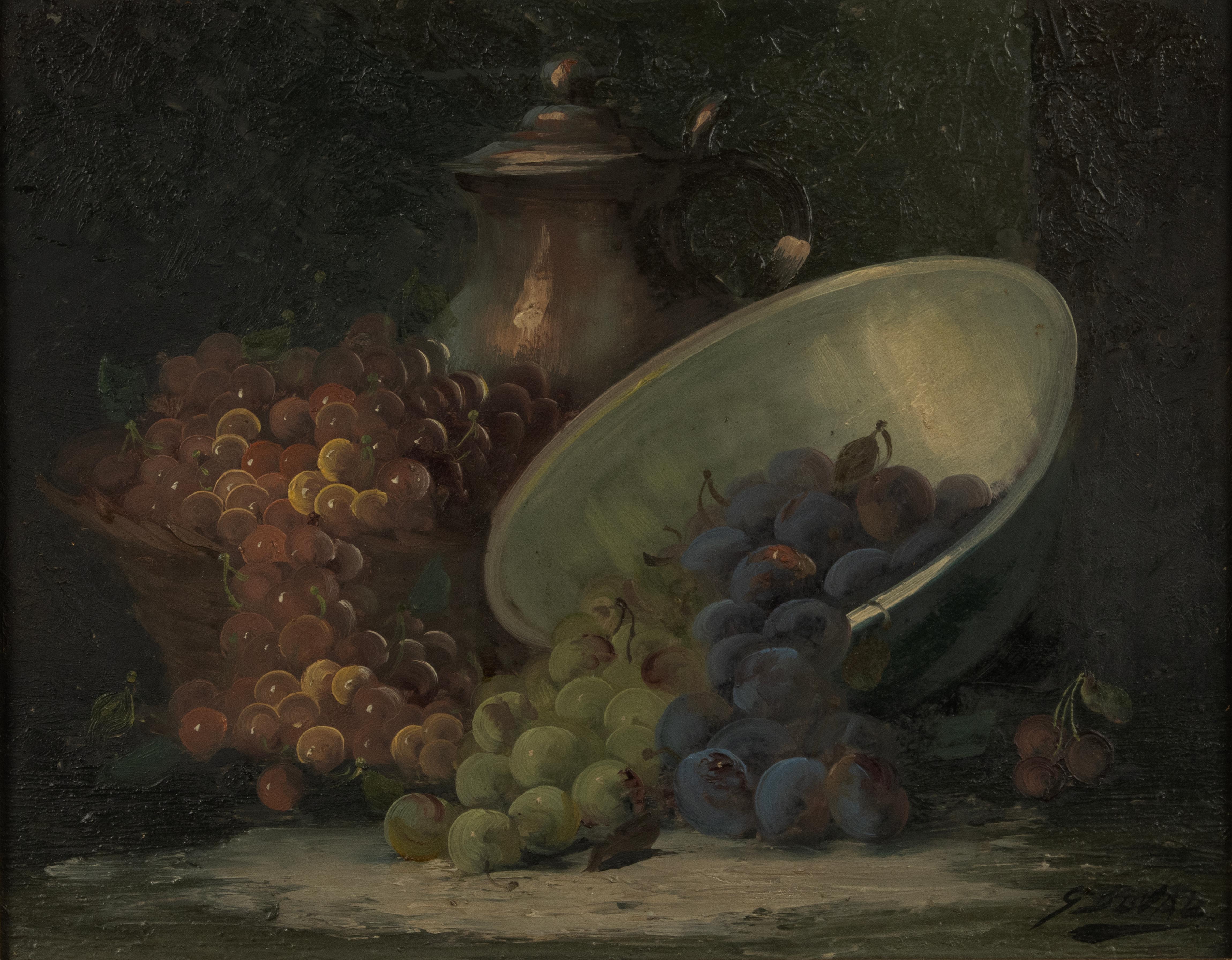 Belge Nature morte du milieu du XXe siècle - Georges Duval - Huile sur toile - Raisins en vente