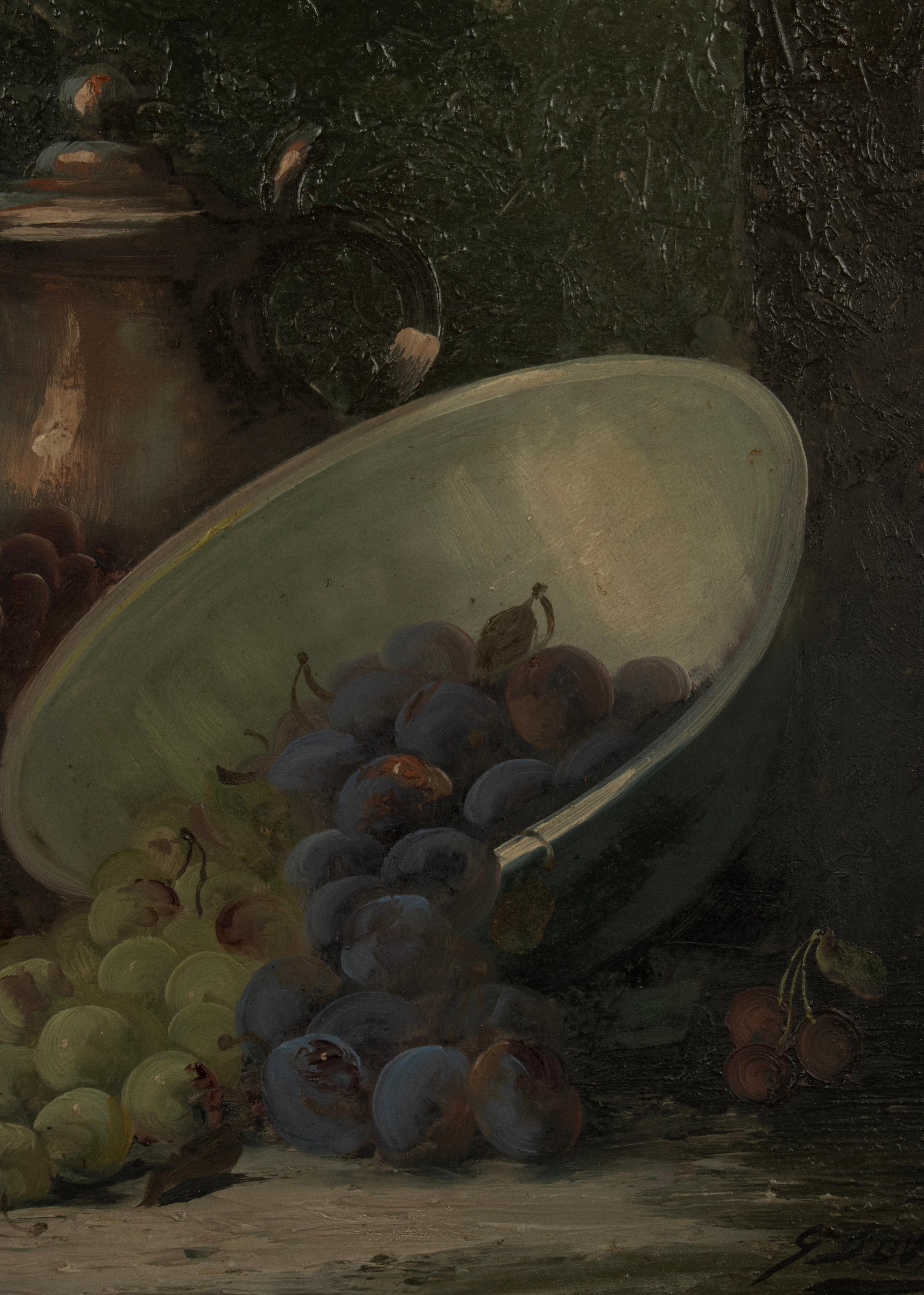 Nature morte du milieu du XXe siècle - Georges Duval - Huile sur toile - Raisins Bon état - En vente à Casteren, Noord-Brabant