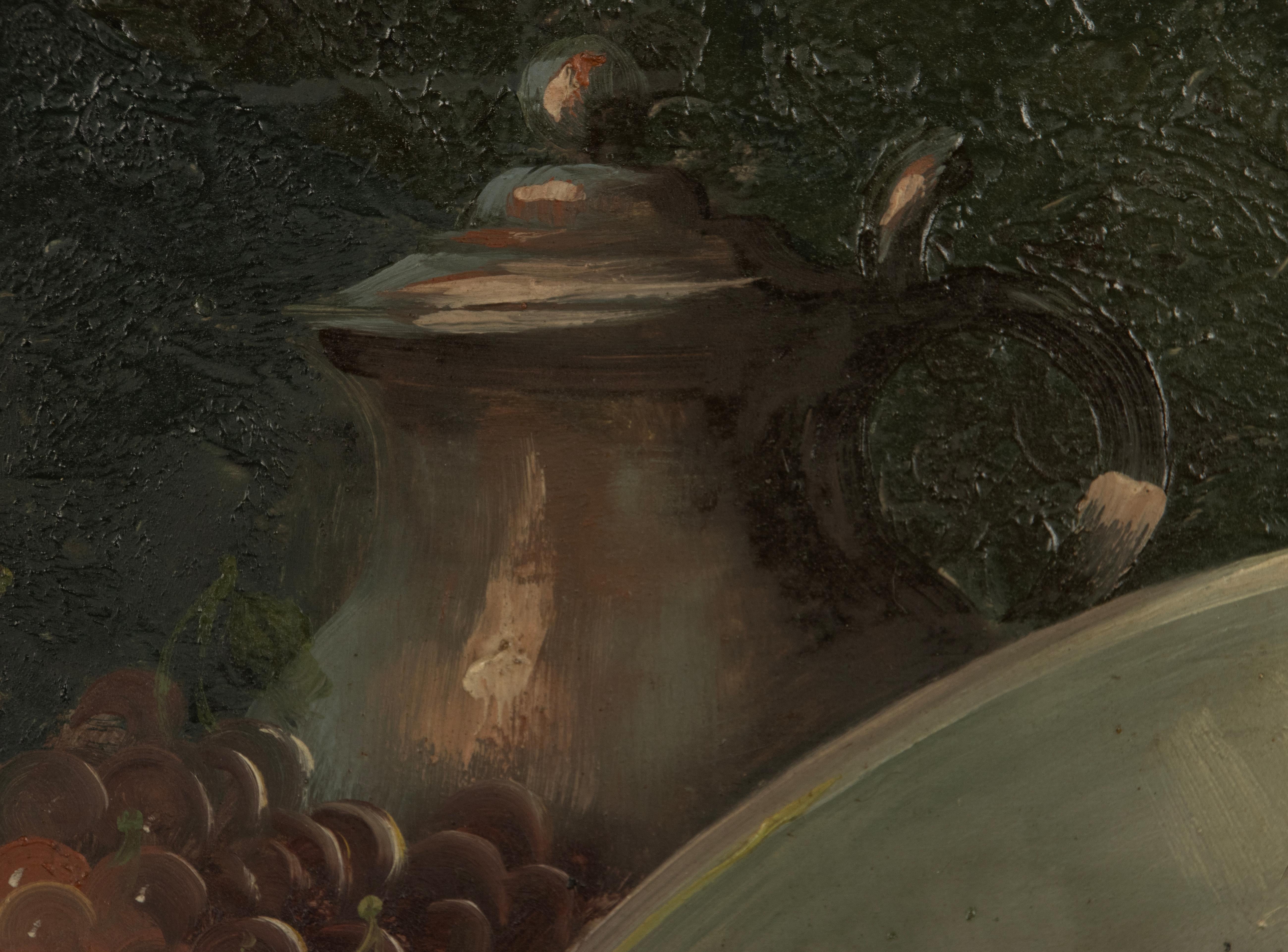 Milieu du XXe siècle Nature morte du milieu du XXe siècle - Georges Duval - Huile sur toile - Raisins en vente
