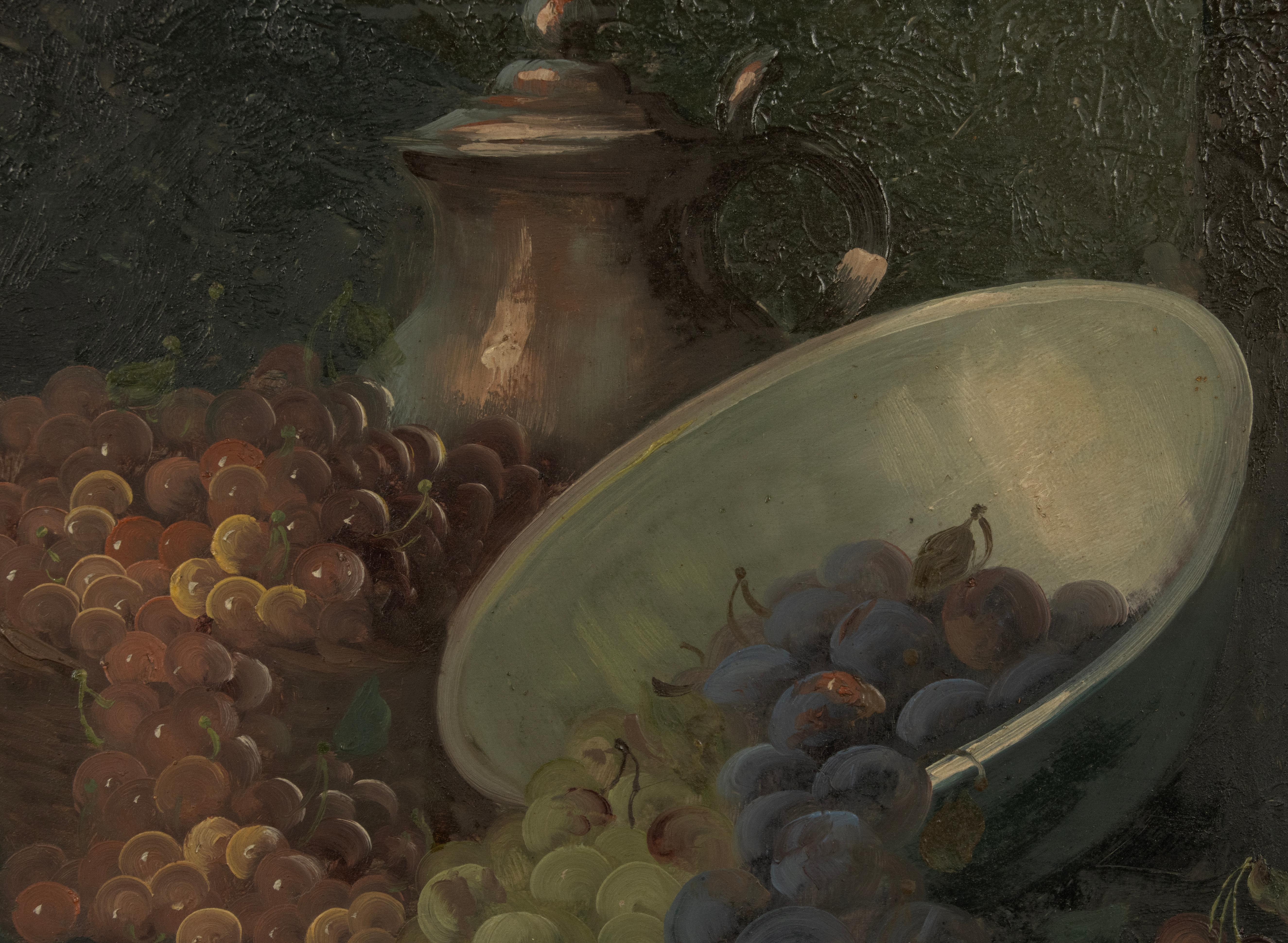Nature morte du milieu du XXe siècle - Georges Duval - Huile sur toile - Raisins en vente 1