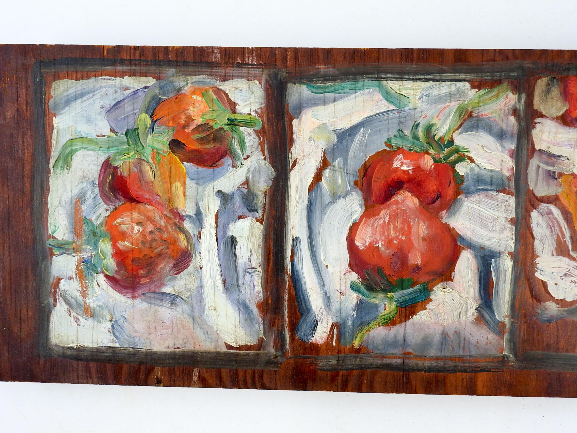Oil on wood studies of strawberries.  Four studies on one board, unsigned.  Unframed, edge wear to wood.