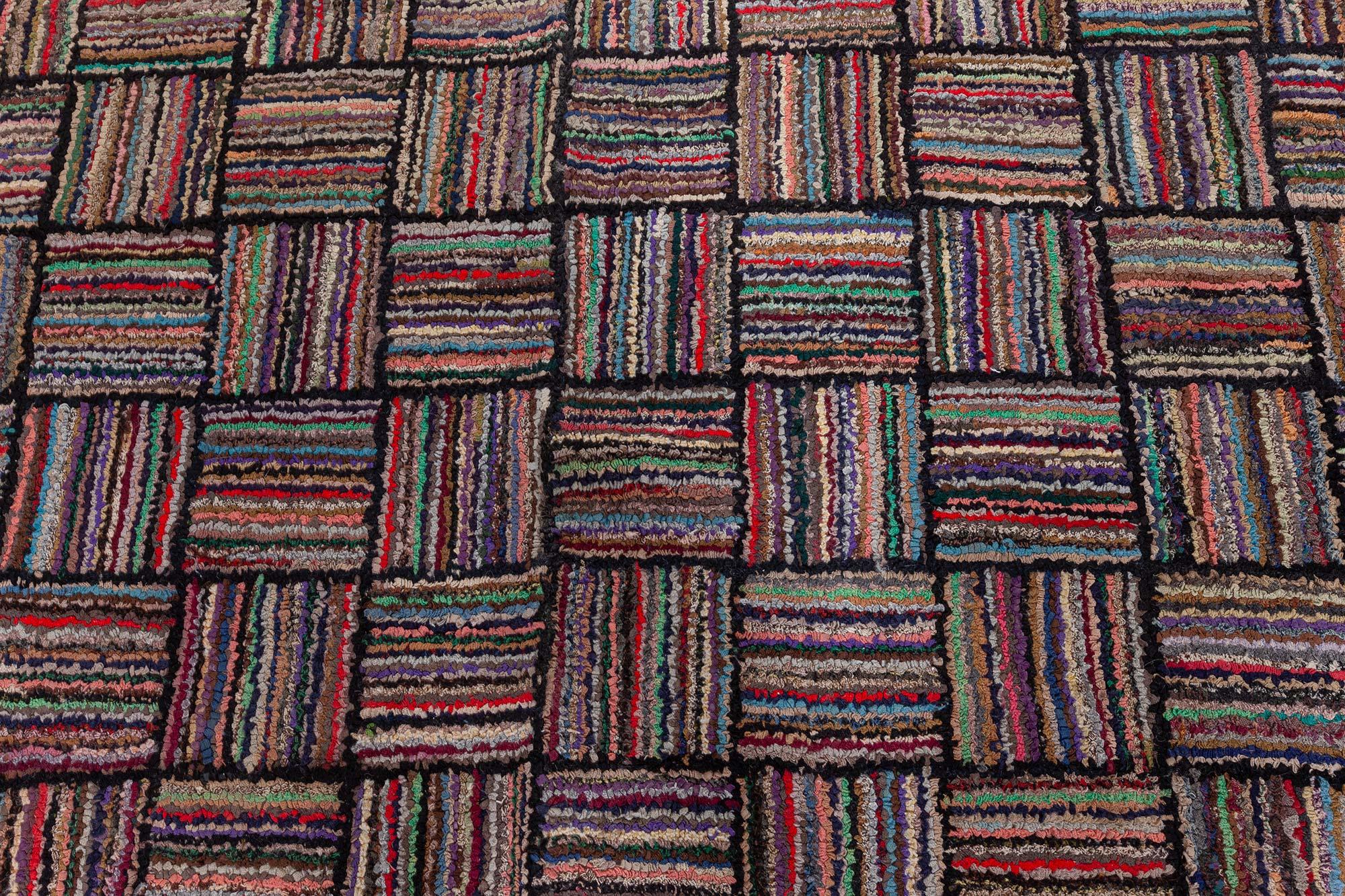 Mid-Century Modern Mid-20th century Striped American Hooked Tile Rug For Sale
