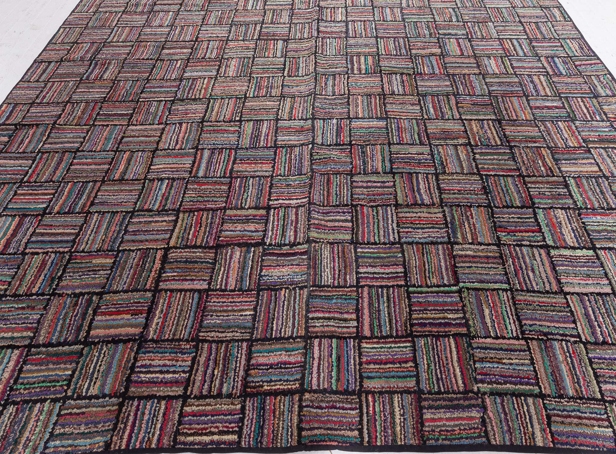 Other Mid-20th century Striped American Hooked Tile Rug For Sale