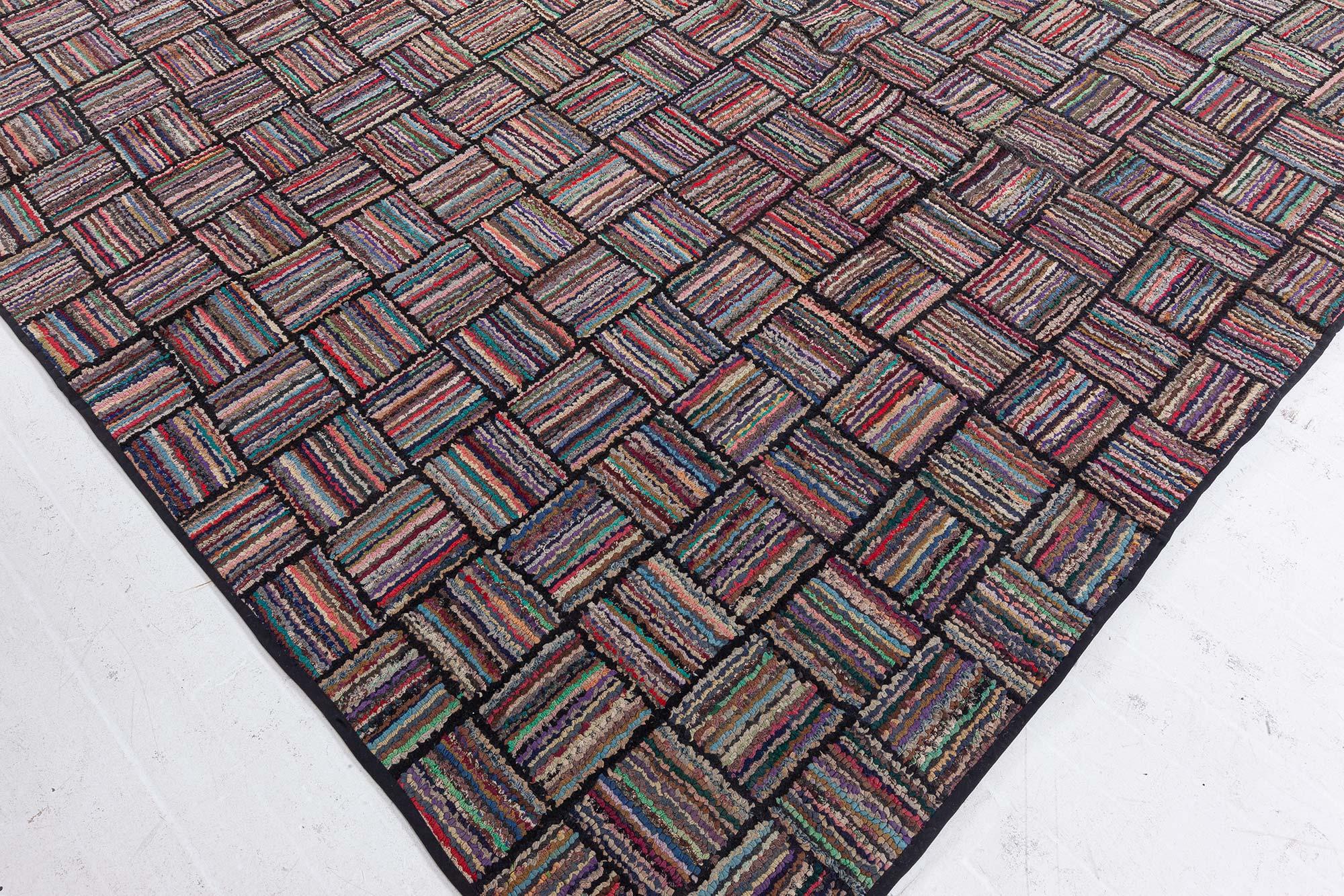 Mid-20th century Striped American Hooked Tile Rug For Sale 1