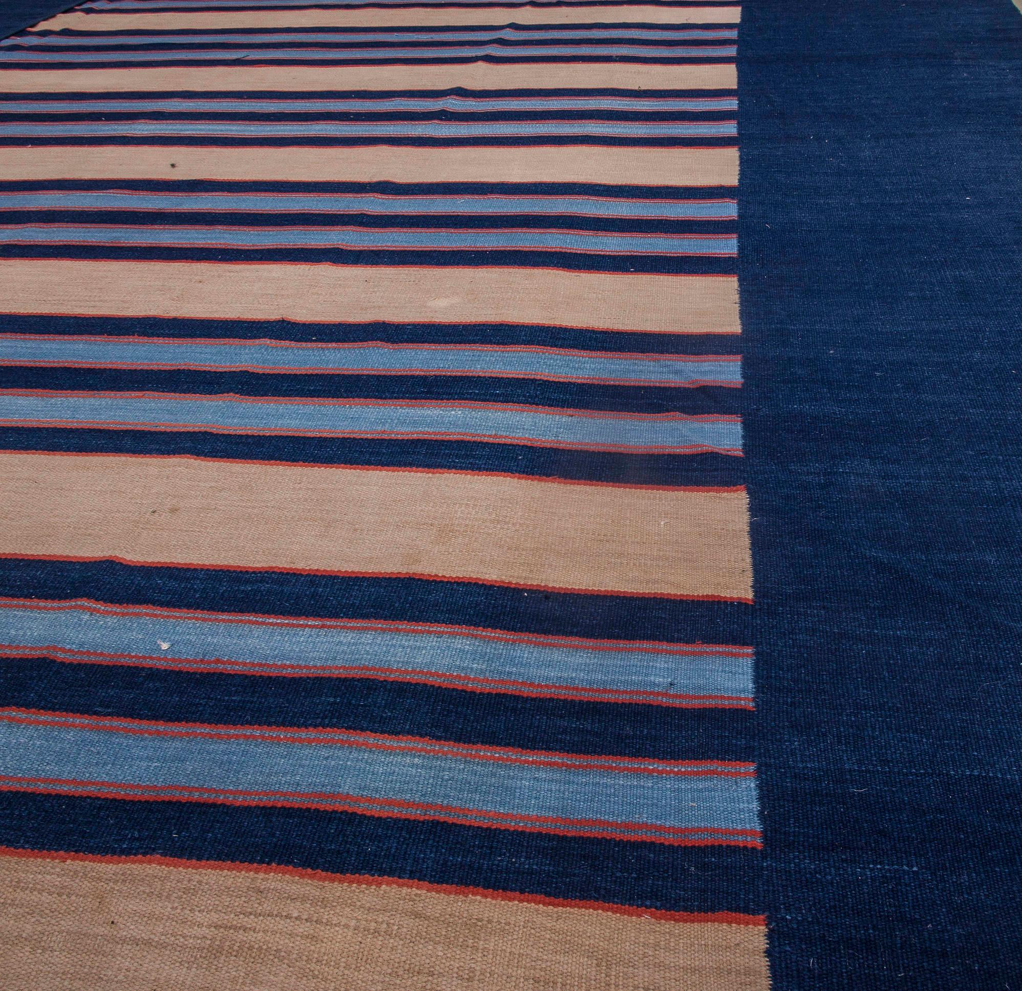 Hand-Woven Mid-20th Century Striped Indian Dhurrie Rug For Sale