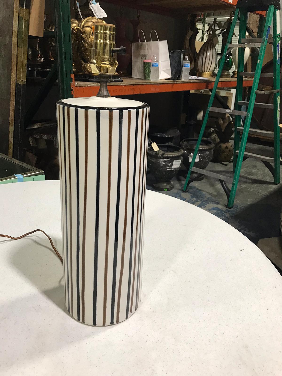 Glazed Mid-20th Century Striped Pottery Cylinder Lamp For Sale