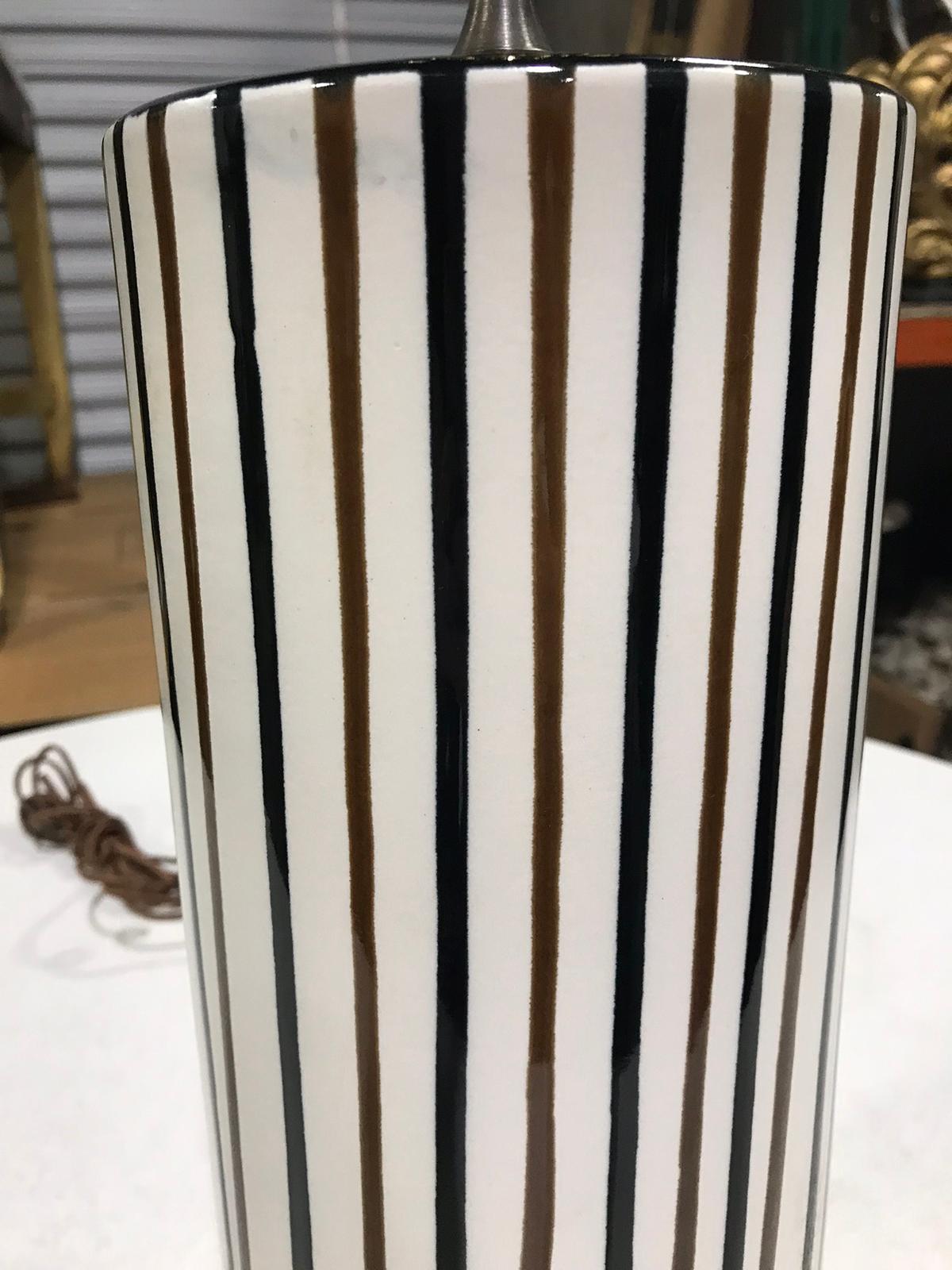 Mid-20th Century Striped Pottery Cylinder Lamp For Sale 1