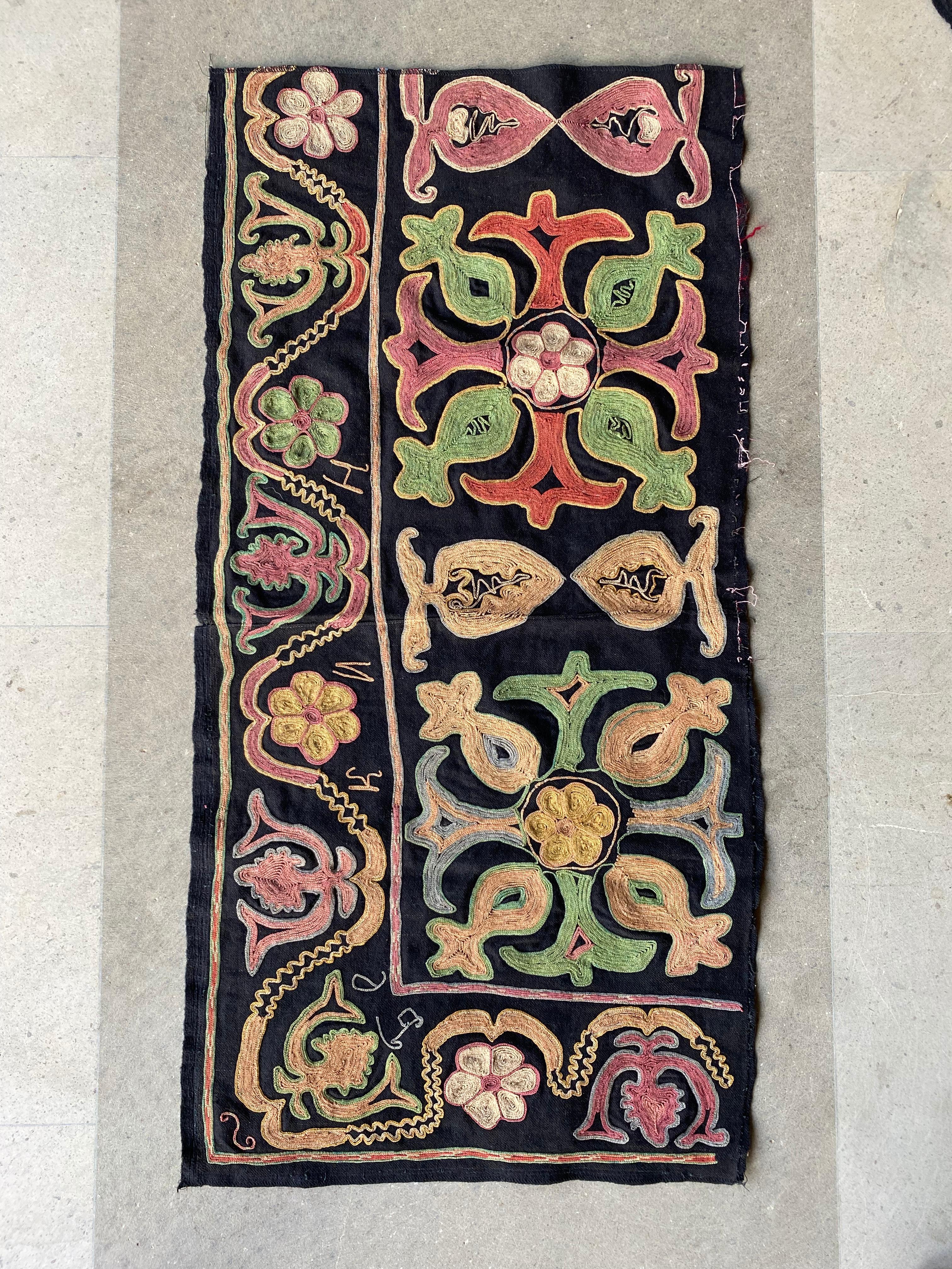 This textile is a “Suzani” from Central Asian nomadic peoples primarily from Kazakhstan, Tajikistan and Uzbekistan. Suzanis are embroidered textiles composed of mainly Cotton. They are cherished and admired for their elaborate designs, motifs and