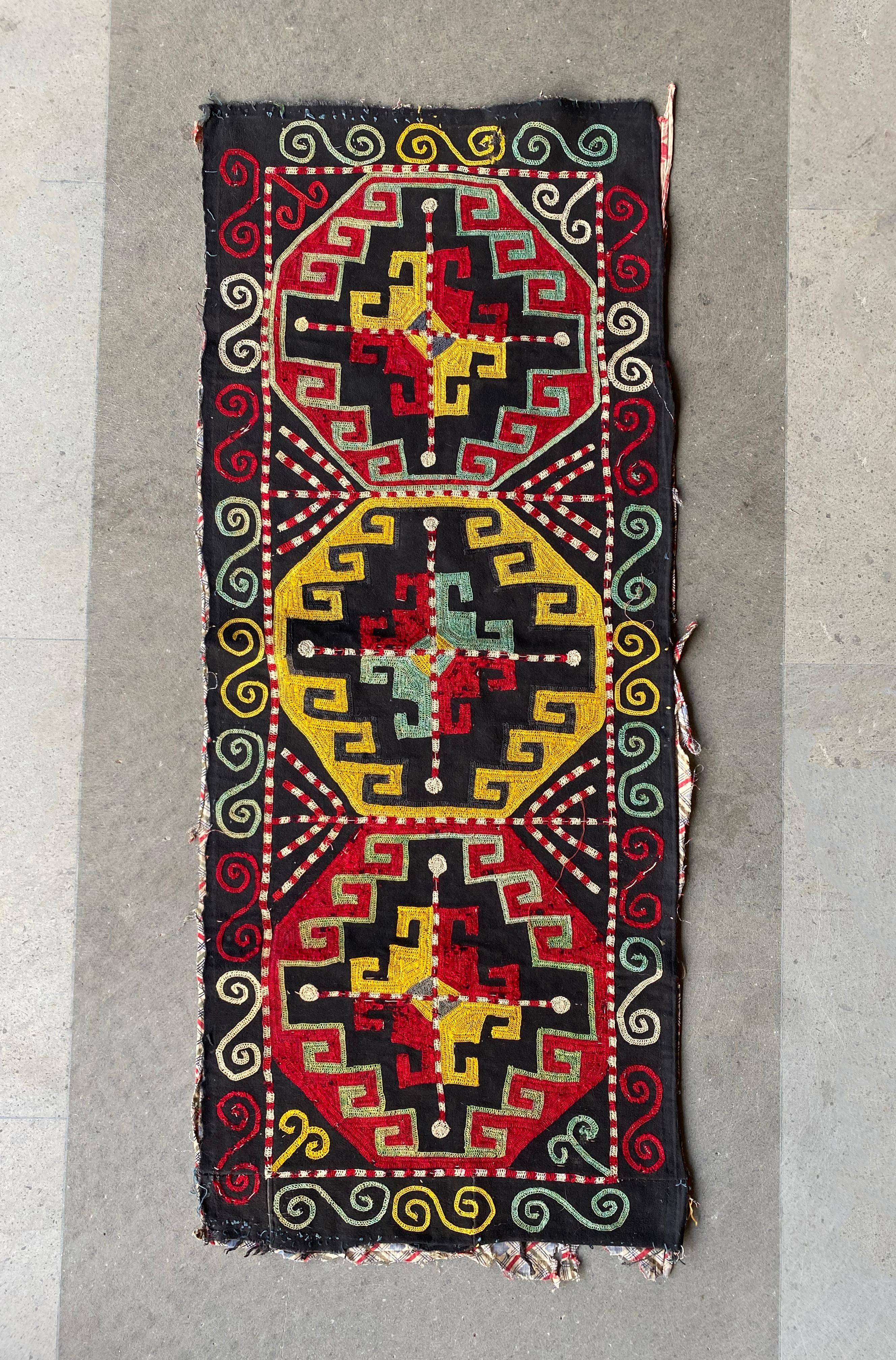 This textile is a “Suzani” from Central Asian nomadic peoples primarily from Kazakhstan, Tajikistan and Uzbekistan. Suzanis are embroidered textiles composed of mainly Cotton. They are cherished and admired for their elaborate designs, motifs and