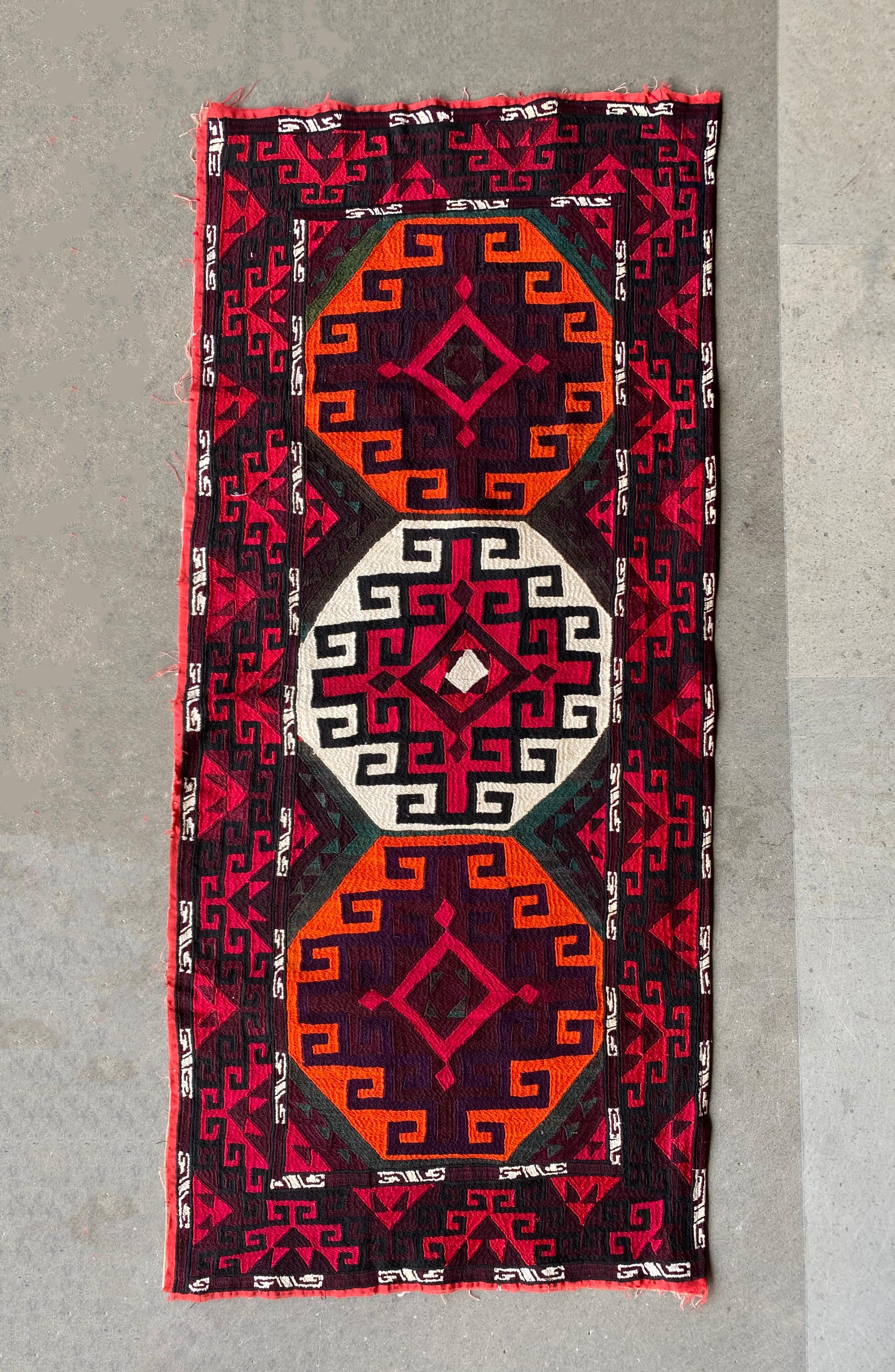 This textile is a “Suzani” from Central Asian nomadic peoples primarily from Kazakhstan, Tajikistan and Uzbekistan. Suzanis are embroidered textiles composed of mainly Cotton. They are cherished and admired for their elaborate designs, motifs and