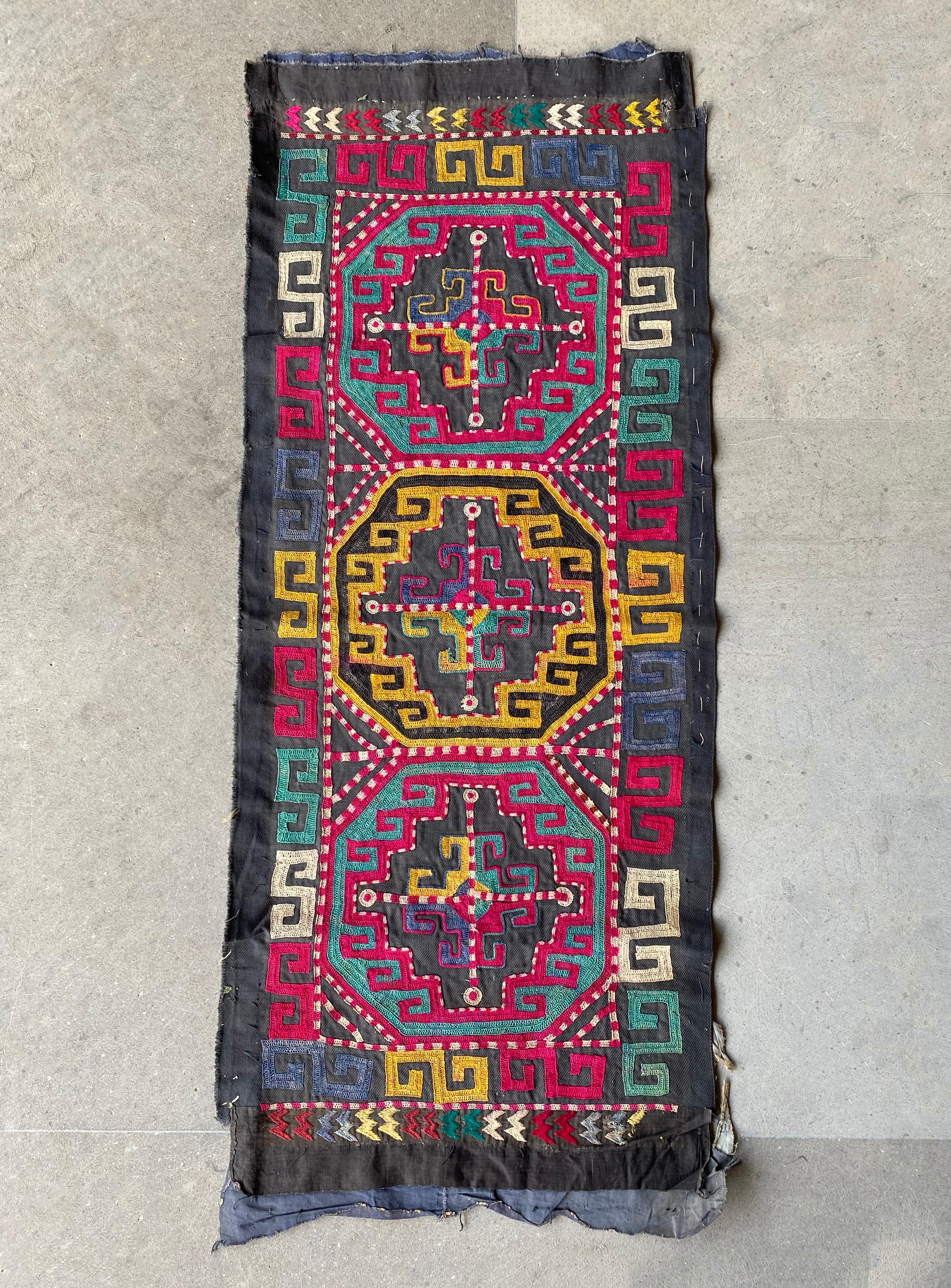 This textile is a “Suzani” from Central Asian nomadic peoples primarily from Kazakhstan, Tajikistan and Uzbekistan. Suzanis are embroidered textiles composed of mainly cotton. They are cherished and admired for their elaborate designs, motifs and