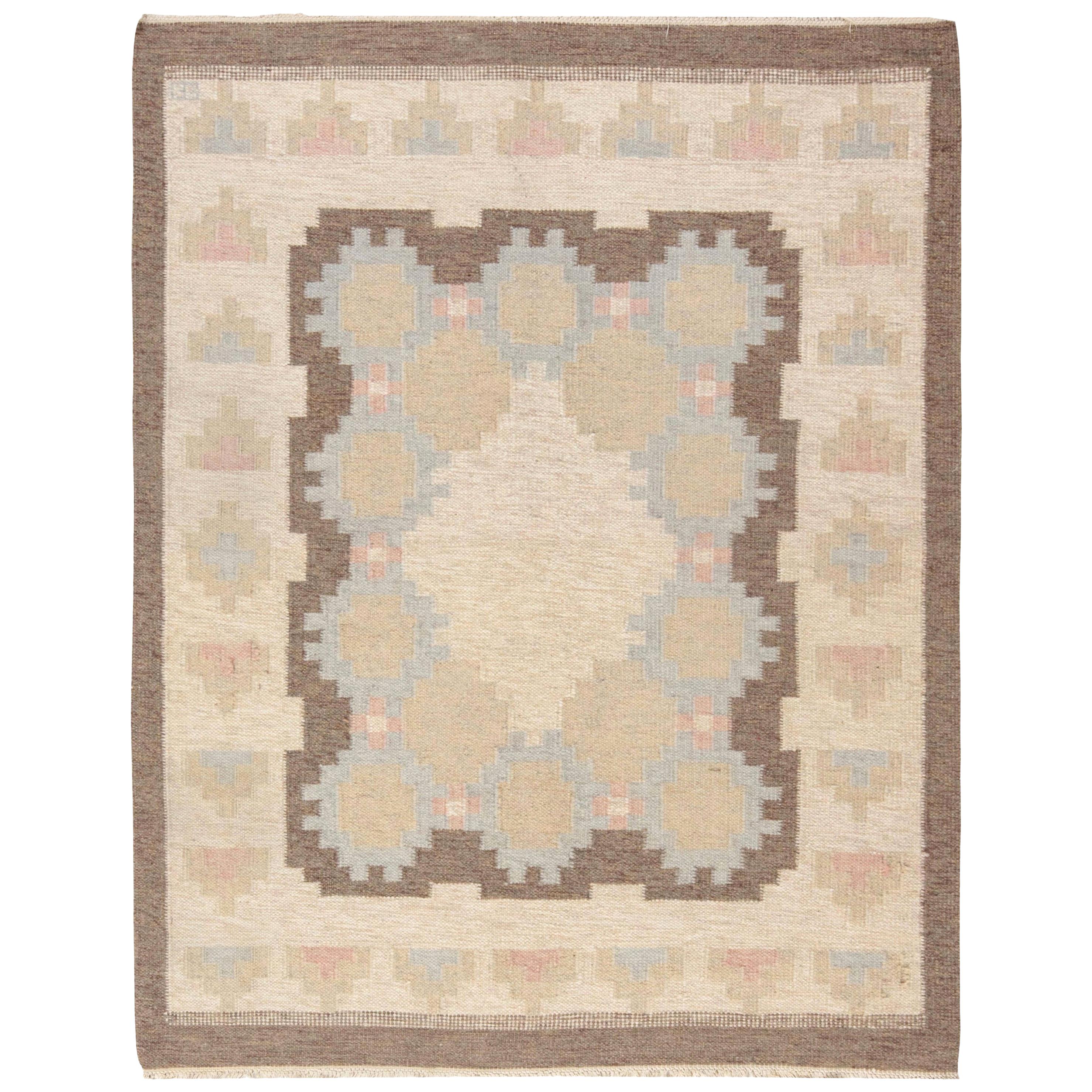 Mid-20th Century Swedish Beige, Brown and Blue Flat-Weave Wool Rug