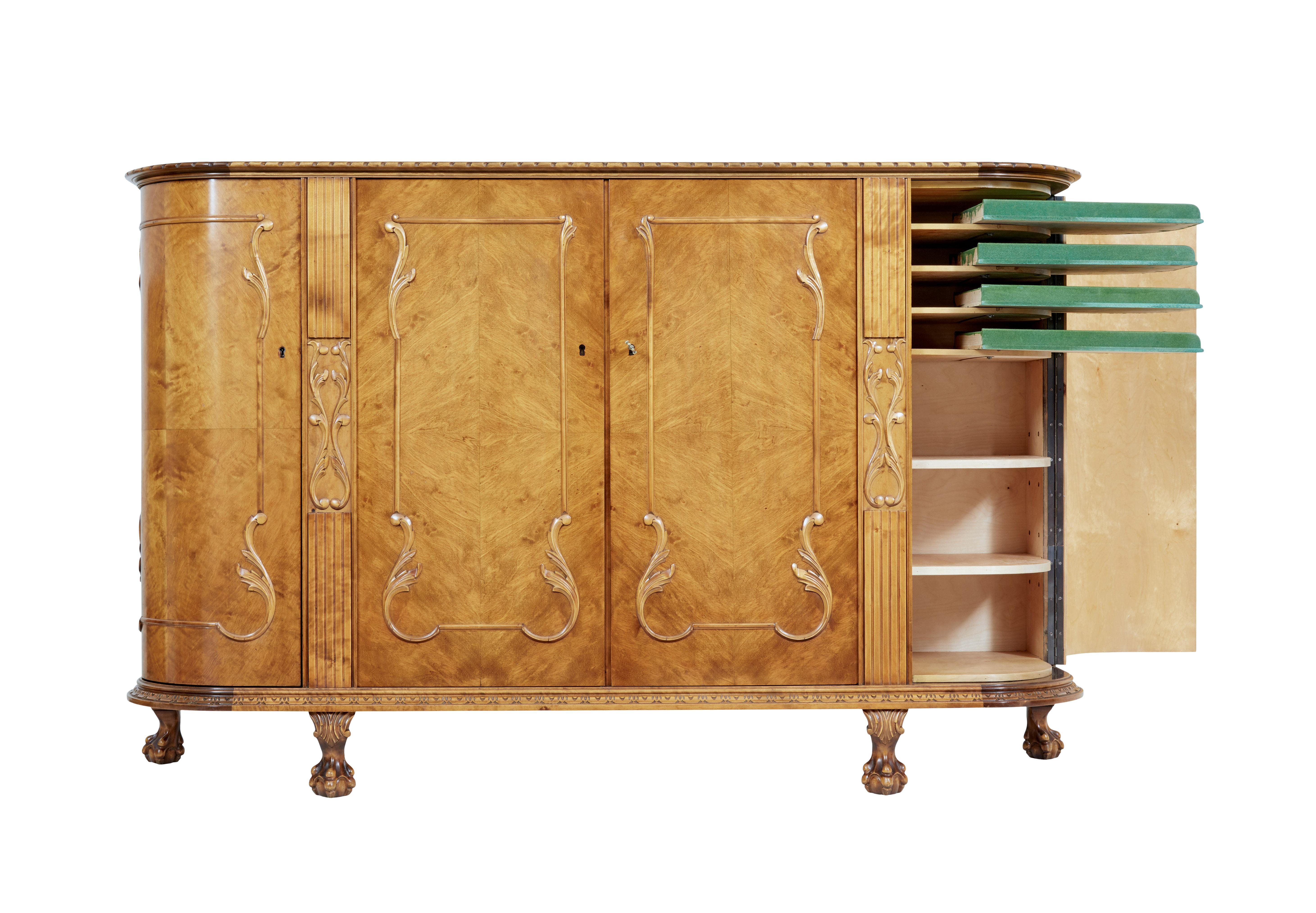 Hand-Crafted Mid 20th Century Swedish Birch Chippendale Revival Bowfront Sideboard