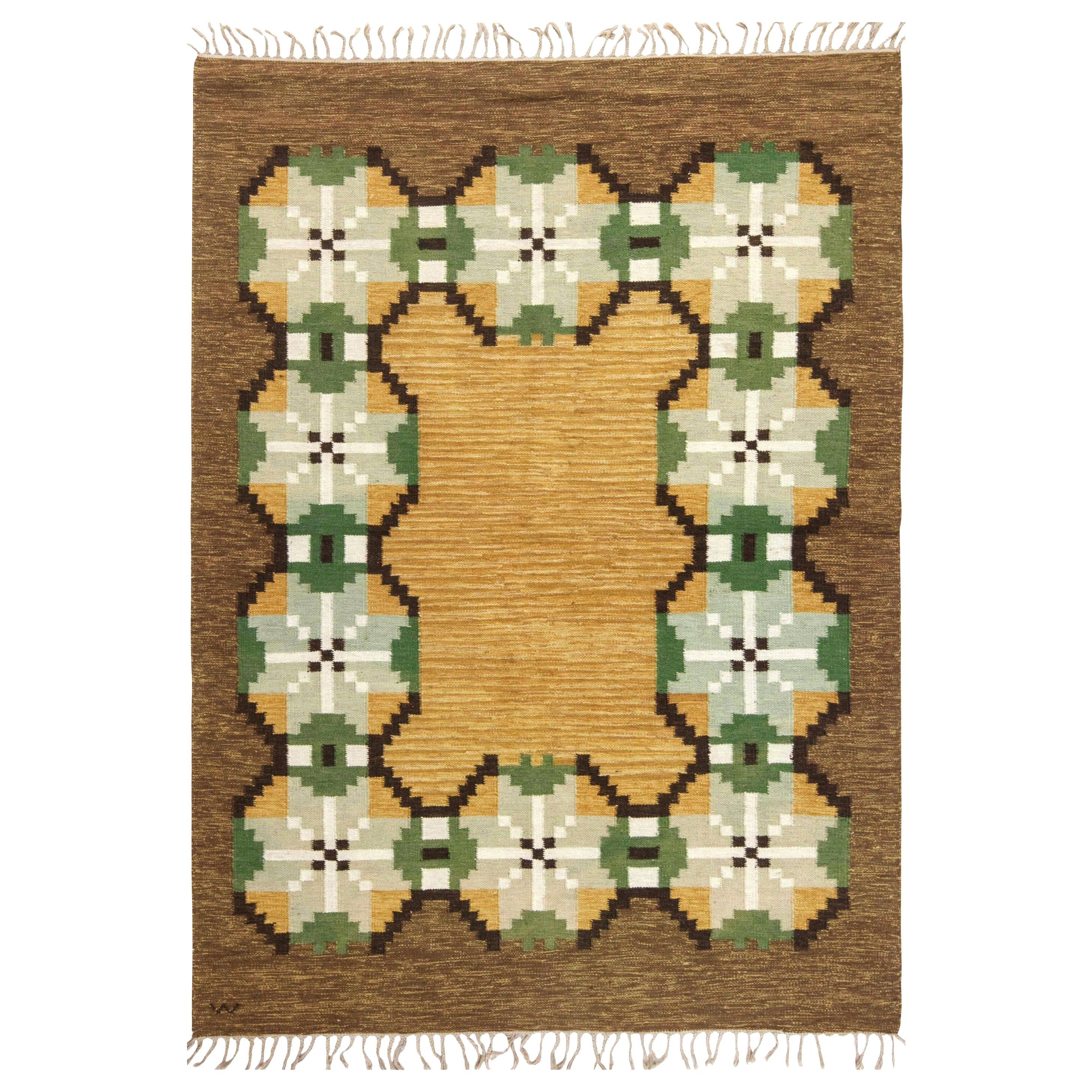 Mid-20th Century Swedish Brown, Gray, Green, Yellow Flat-Weave Rug Signed 'W'