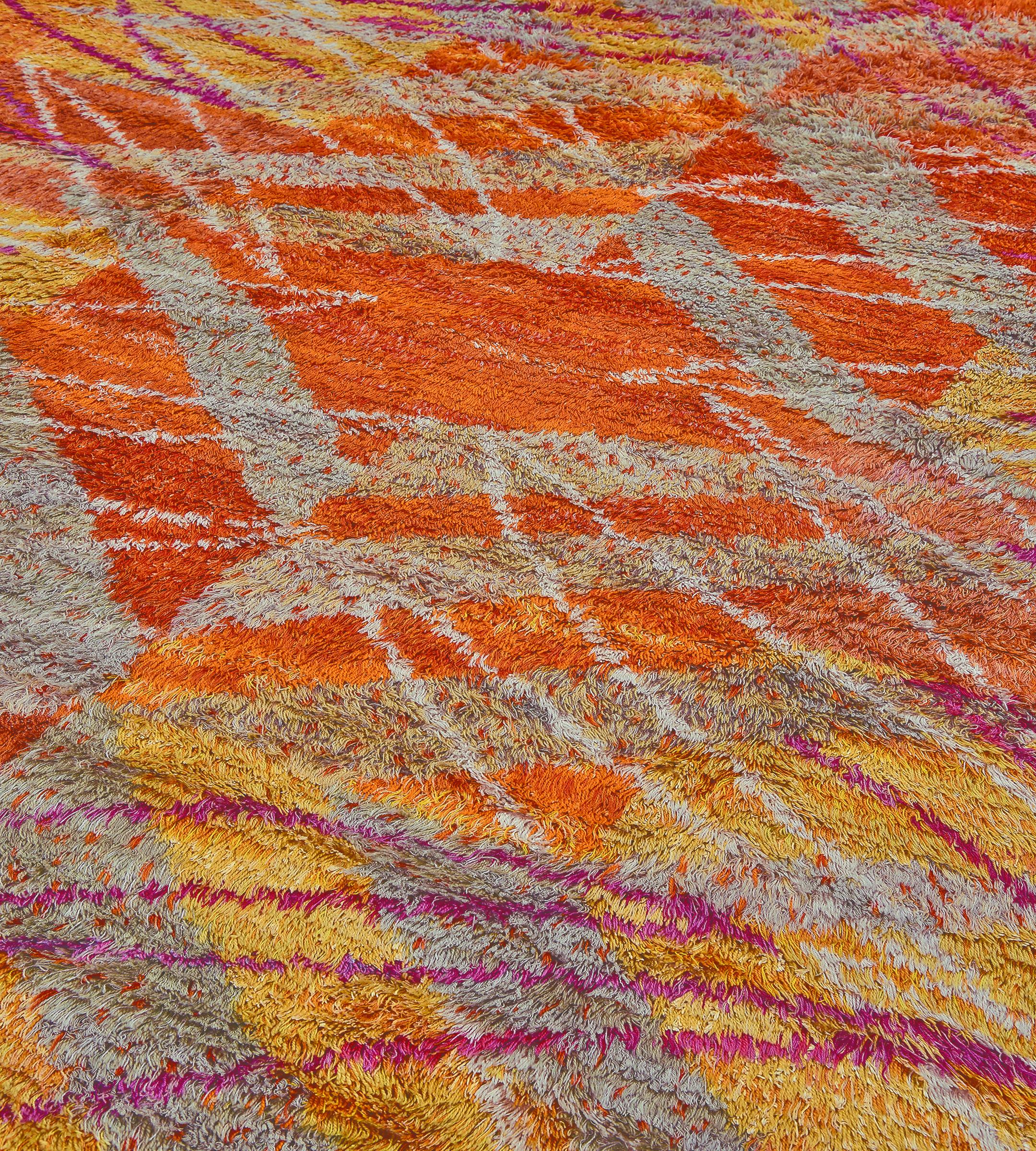 This vintage hand-woven deep-pile Swedish deco rug has an overall field of whimsical red-orange and saffron scattered cells overlaid by fine gray tendrils and similar raspberry outlines overlaid.