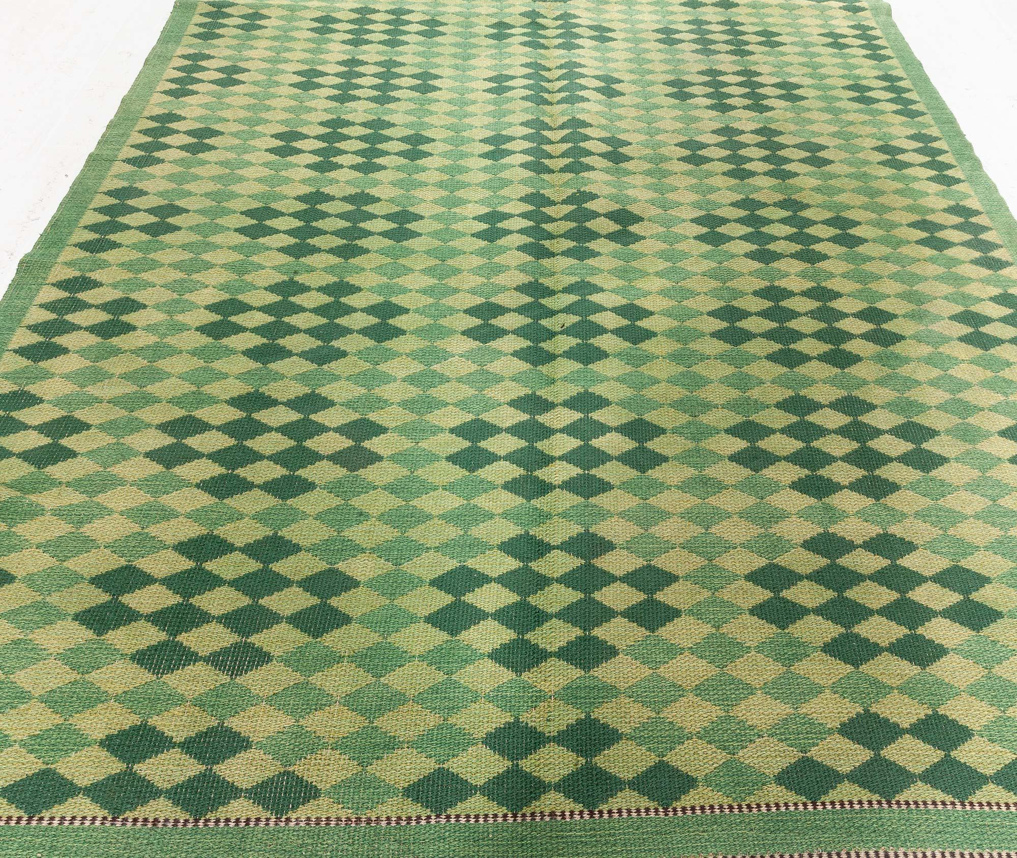 Wool Mid-20th Century Swedish Double Sided Green Rug For Sale