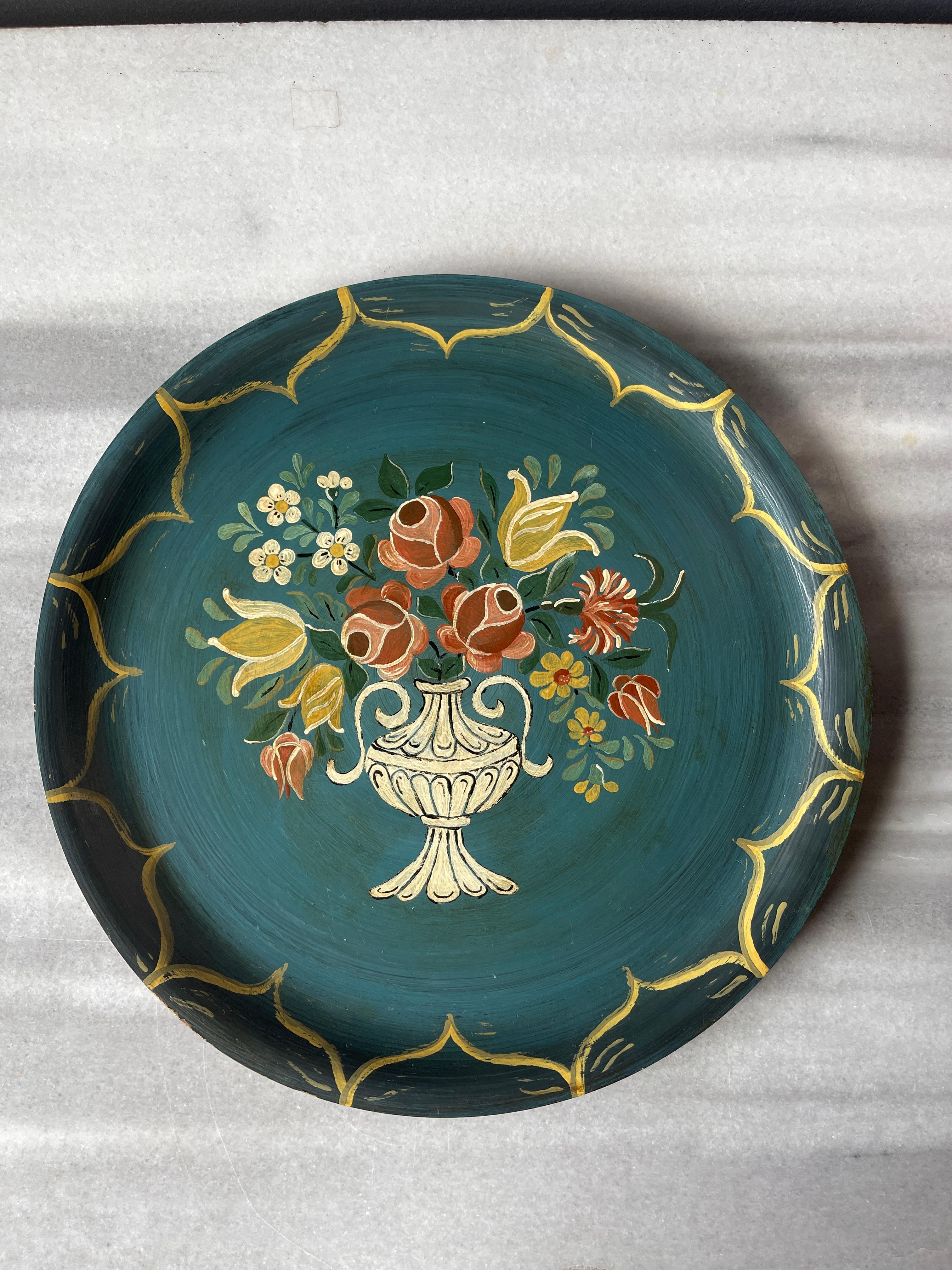 20th Century  Swedish Folk Art Floral Bouquet In Urn Vase Hand Painted Teak Tray For Sale