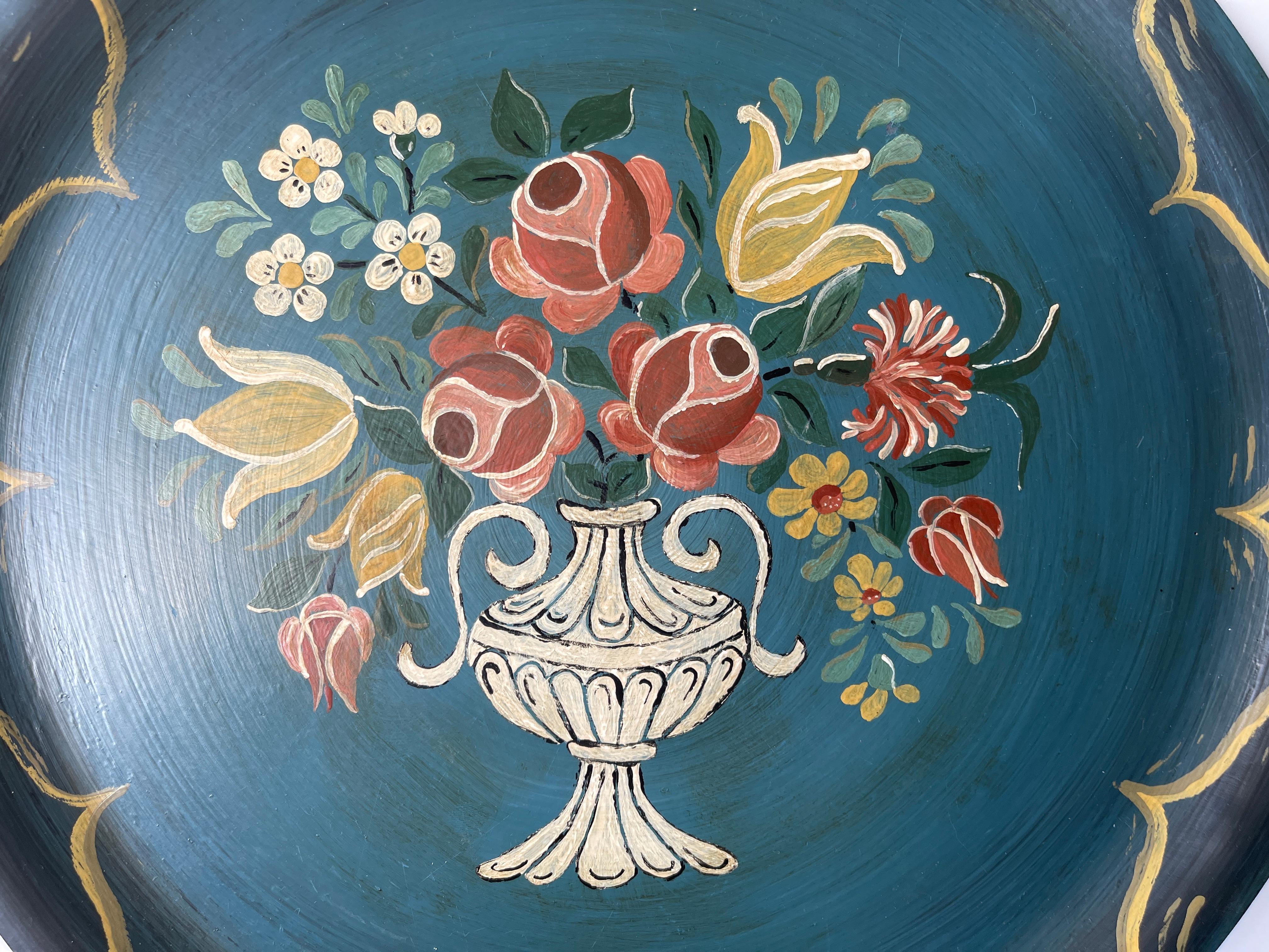  Swedish Folk Art Floral Bouquet In Urn Vase Hand Painted Teak Tray For Sale 3