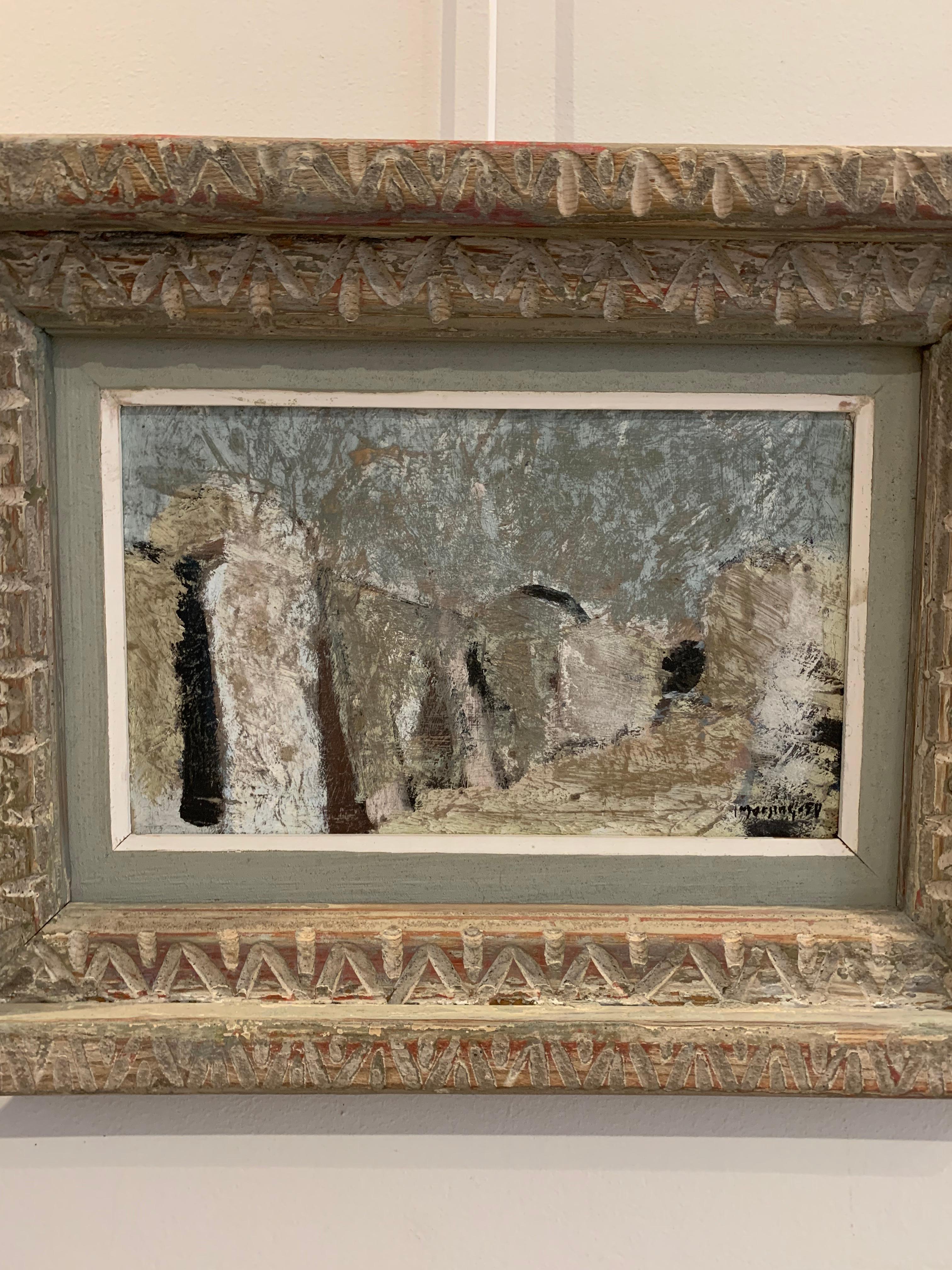 Mid 20th century framed Swedish oil painting on board by one of our favourite artists Ivar Morsing.
This abstract rectangular painting in different shades of pale grey is framed in a deep stepped and carved frame. A very attractive piece of work