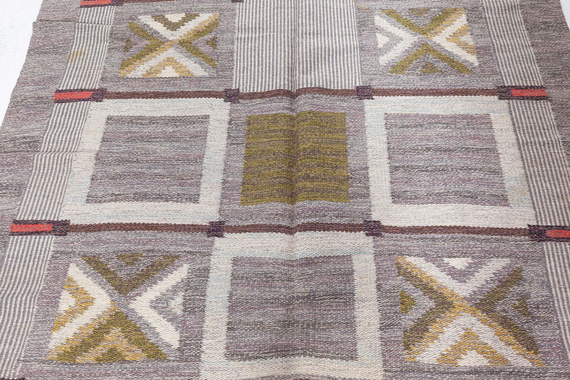Mid-20th century Swedish geometric brown, gray, green flat-weave wool rug
Size: 4'9