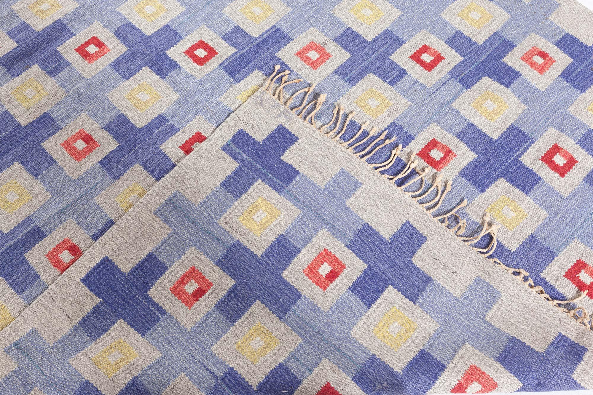 Mid-20th Century Swedish Geometric Flat Weave Wool Rug For Sale 5
