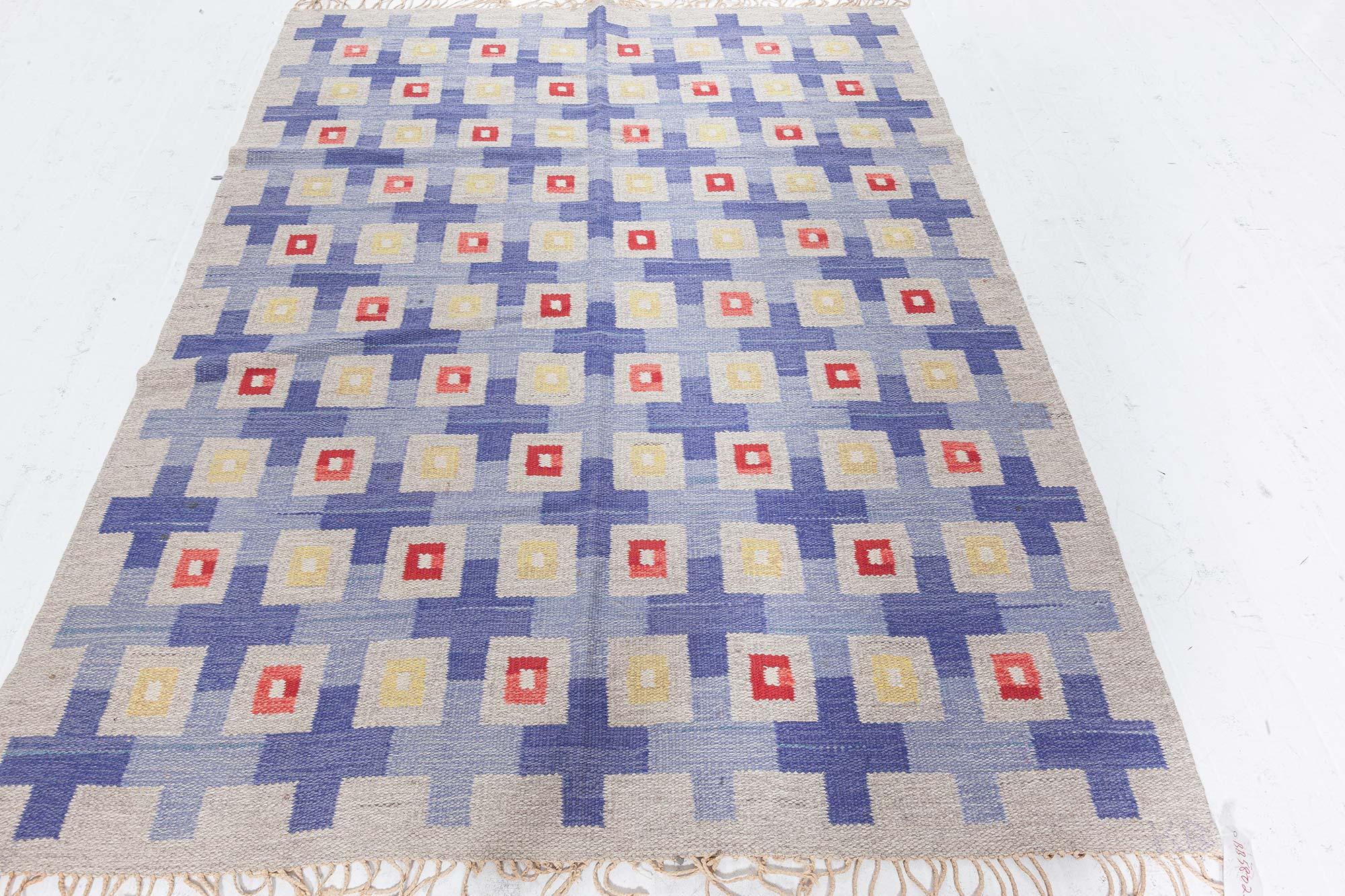 Scandinavian Mid-20th Century Swedish Geometric Flat Weave Wool Rug For Sale