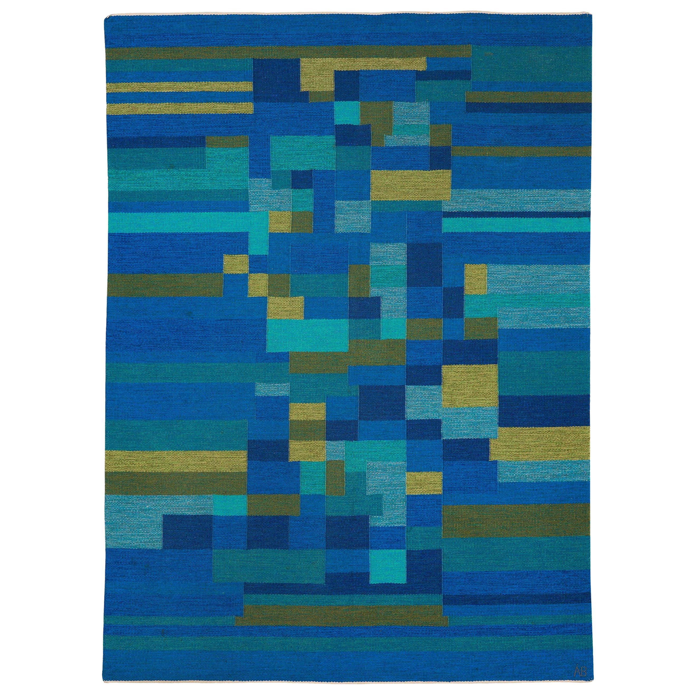 Mid20th Century Geometric Blue, Green, Grey Rug by Birgitta Solderkvist “Bs” For Sale at 1stDibs