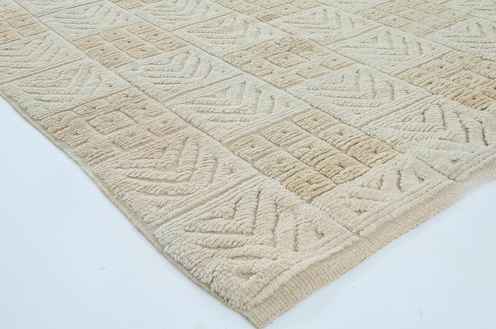 Wool Mid-20th Century Swedish Geometric High Low Knotted Beige Rug For Sale