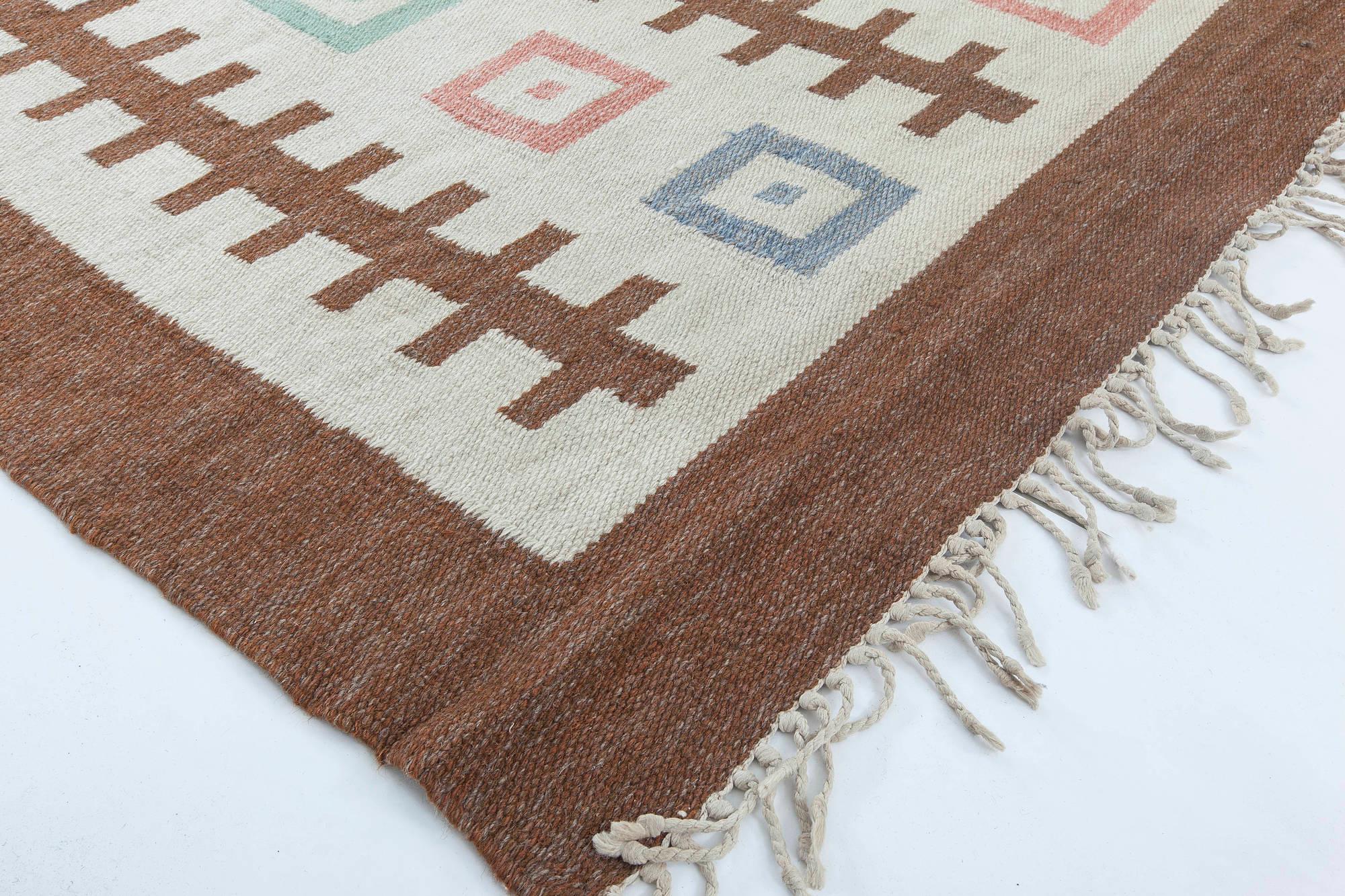Hand-Woven Mid-20th Century Swedish Geometric Wool Rug For Sale
