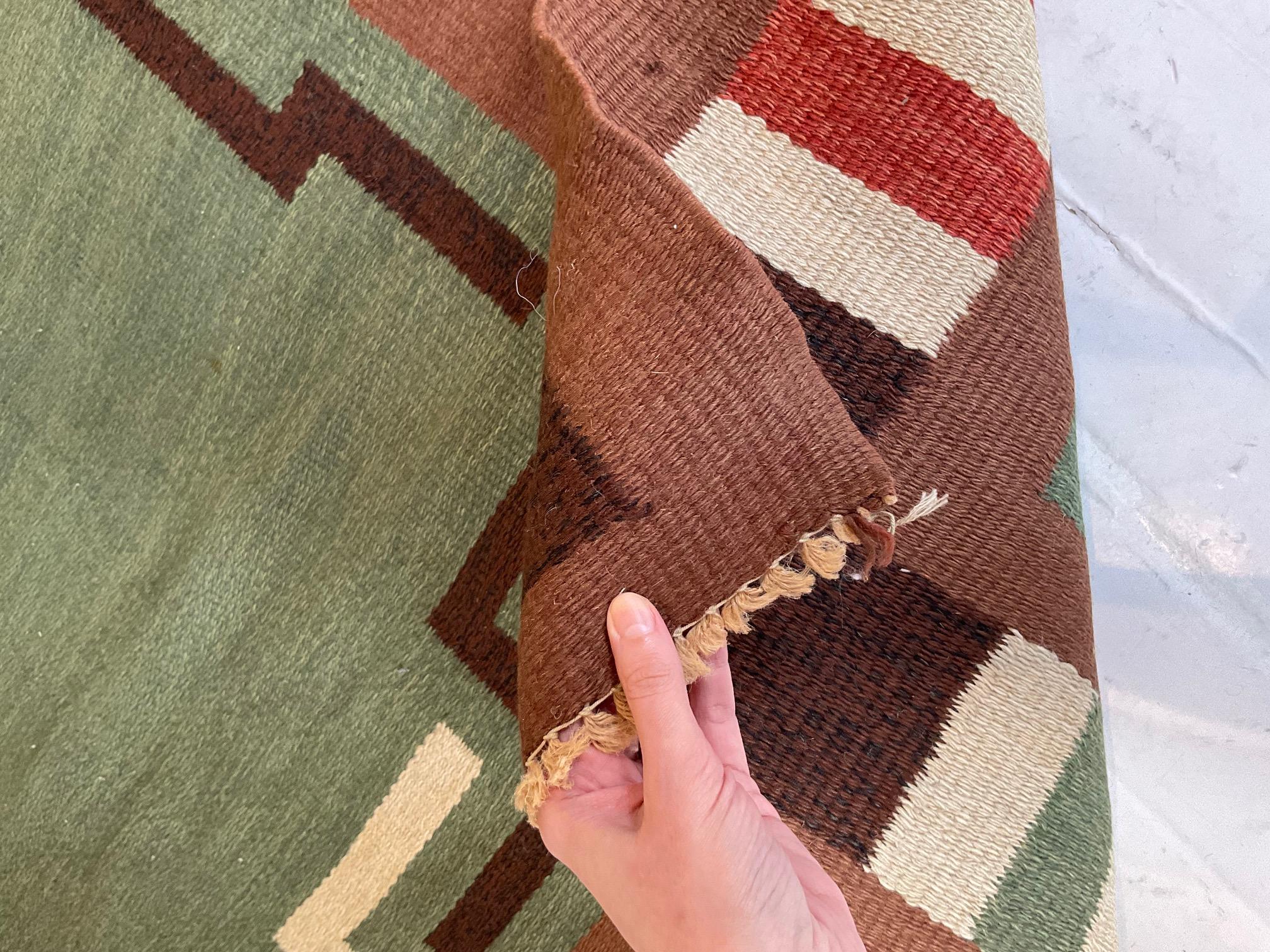 Hand-Knotted Mid-20th Century Swedish Green Hand Knotted Wool Rug For Sale