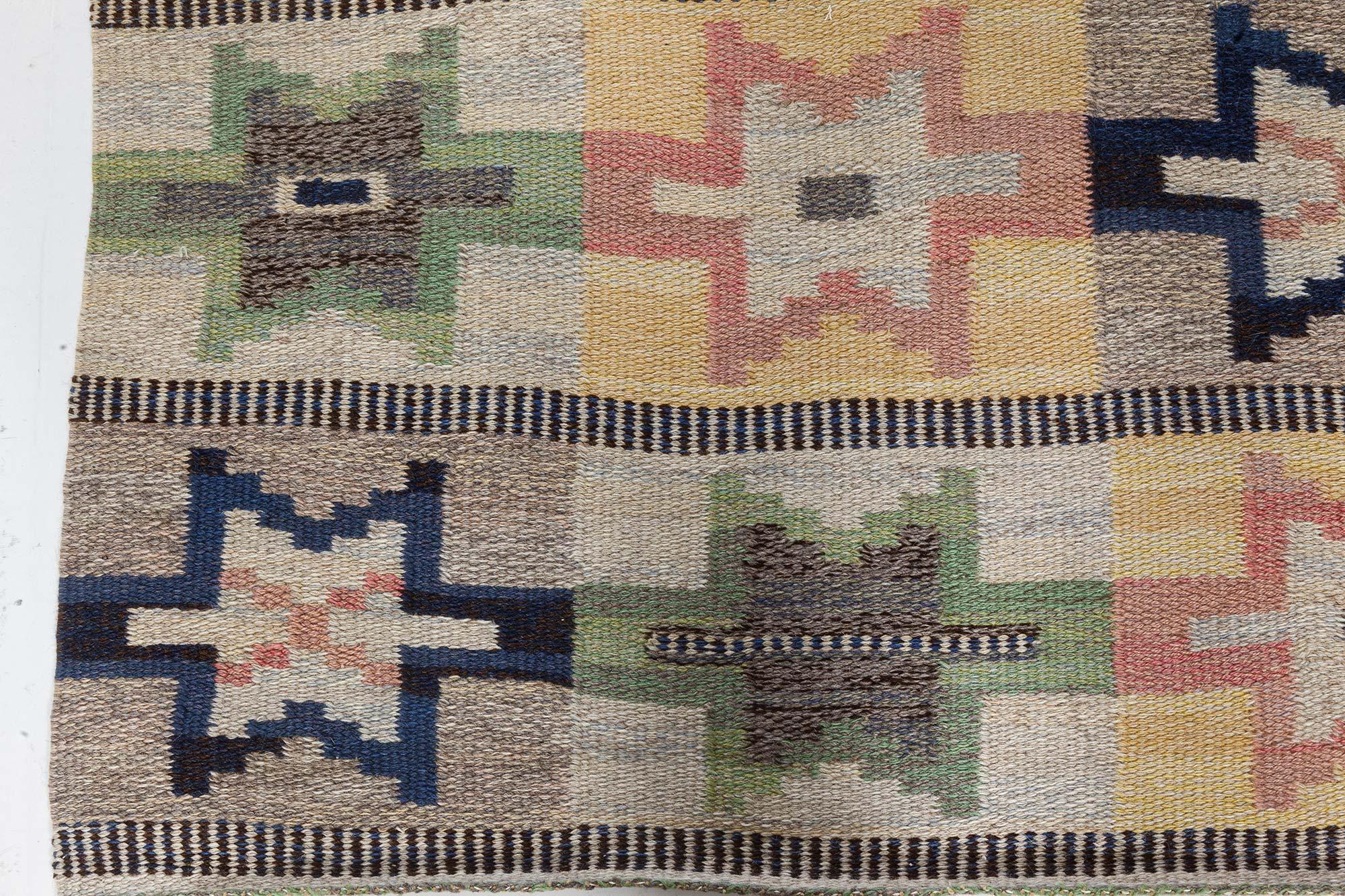Mid-Century Modern Mid-20th Century Swedish Green, Pink, Amber, Blue, Gray Flat-Weave Wool Rug