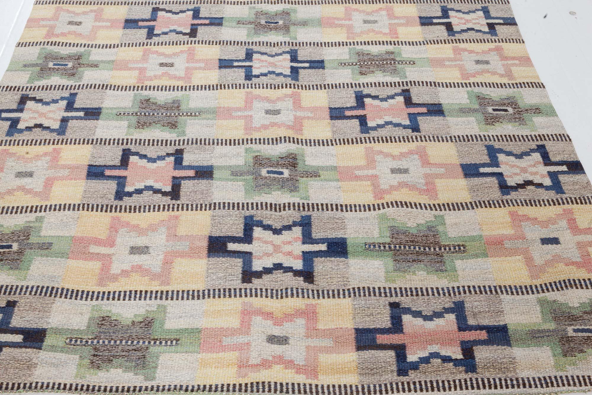 Hand-Knotted Mid-20th Century Swedish Green, Pink, Amber, Blue, Gray Flat-Weave Wool Rug