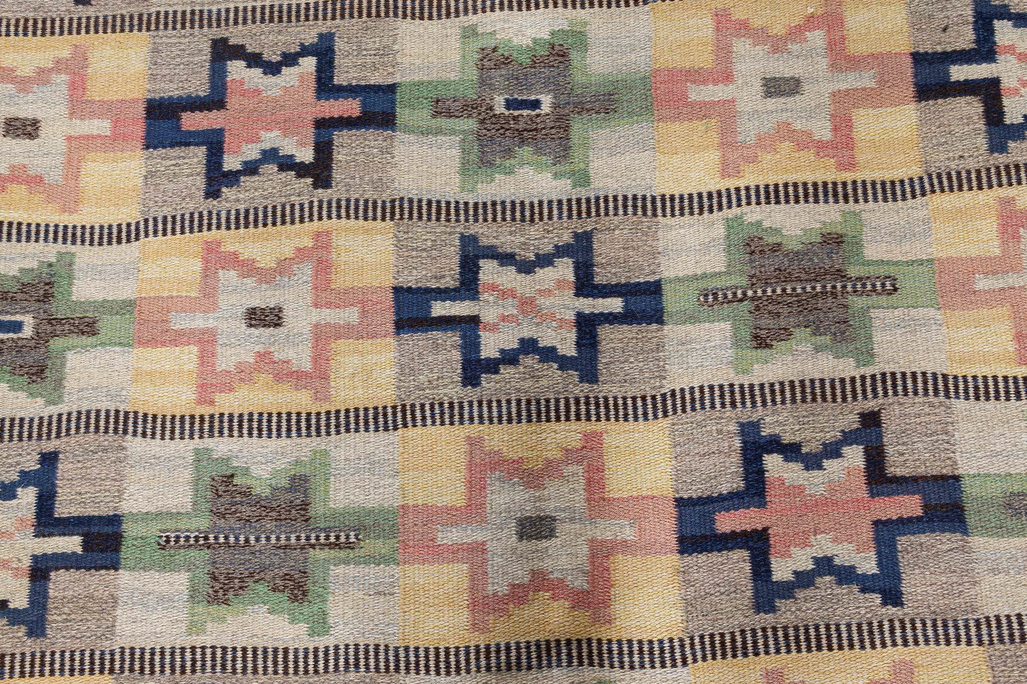 Mid-20th Century Swedish Green, Pink, Amber, Blue, Gray Flat-Weave Wool Rug In Good Condition In New York, NY