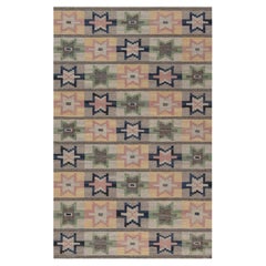 Mid-20th Century Swedish Green, Pink, Amber, Blue, Gray Flat-Weave Wool Rug