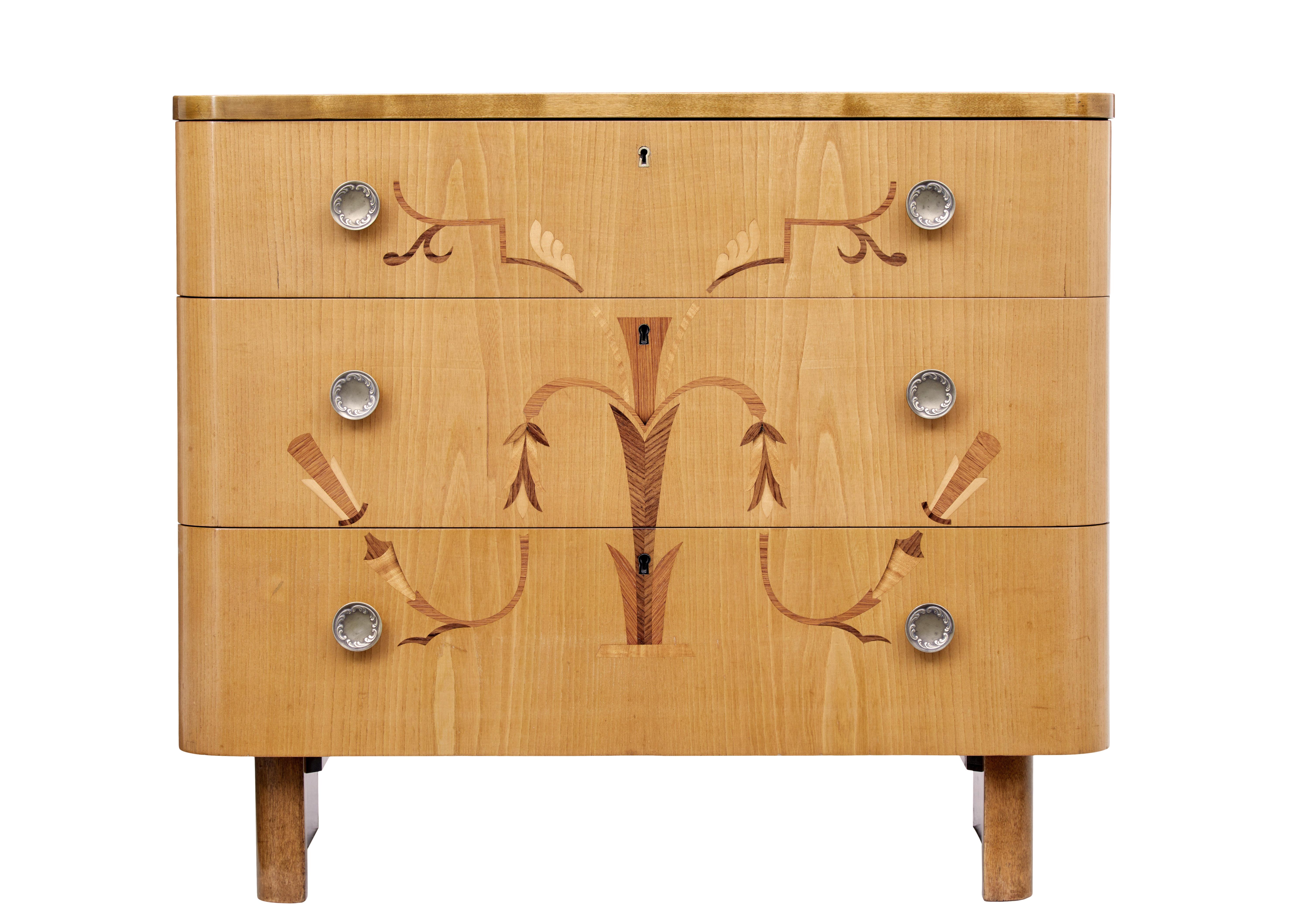 Hand-Crafted Mid-20th Century Swedish Inlaid Elm and Birch Chest of Drawers