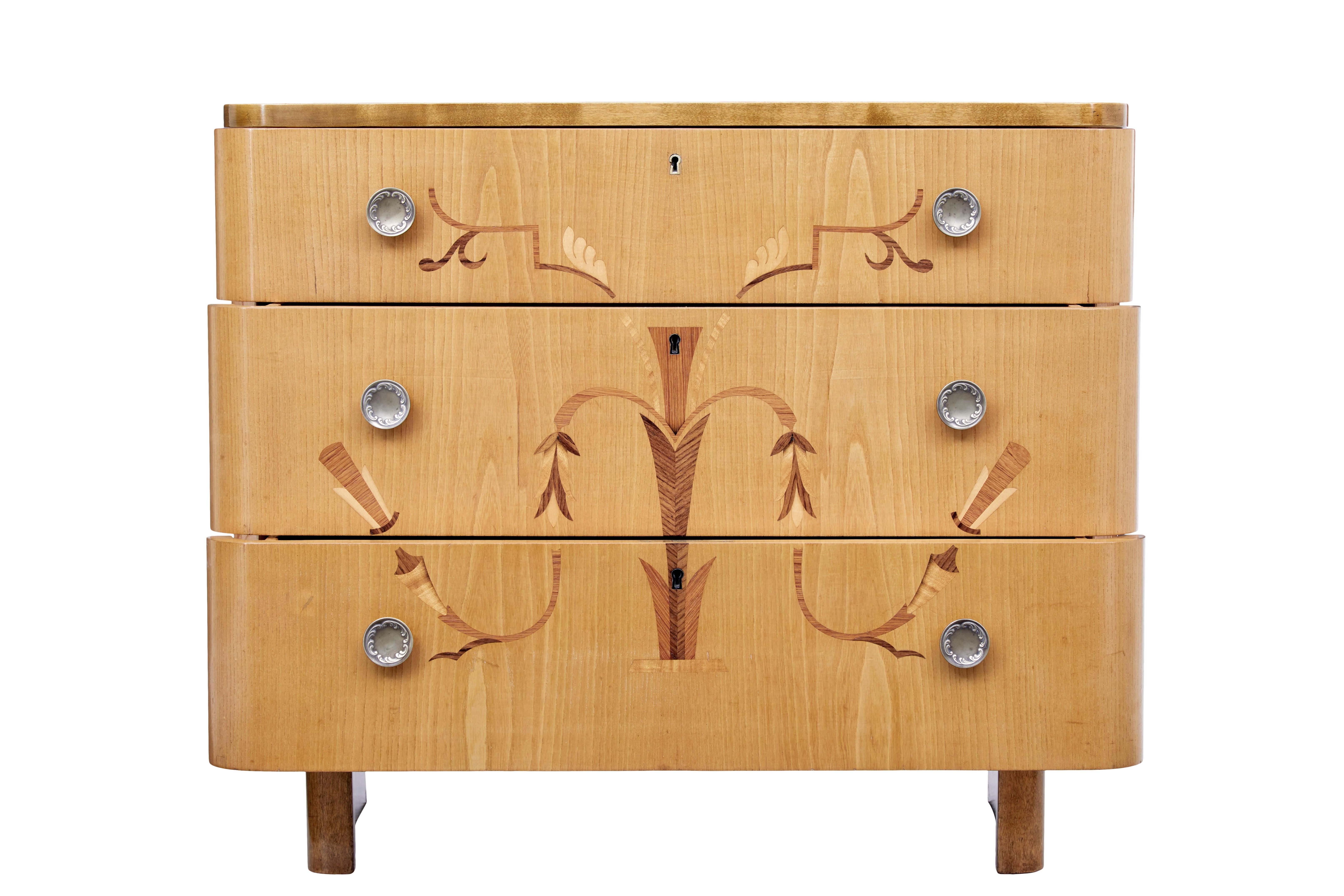 Mid-20th Century Swedish Inlaid Elm and Birch Chest of Drawers In Good Condition In Debenham, Suffolk