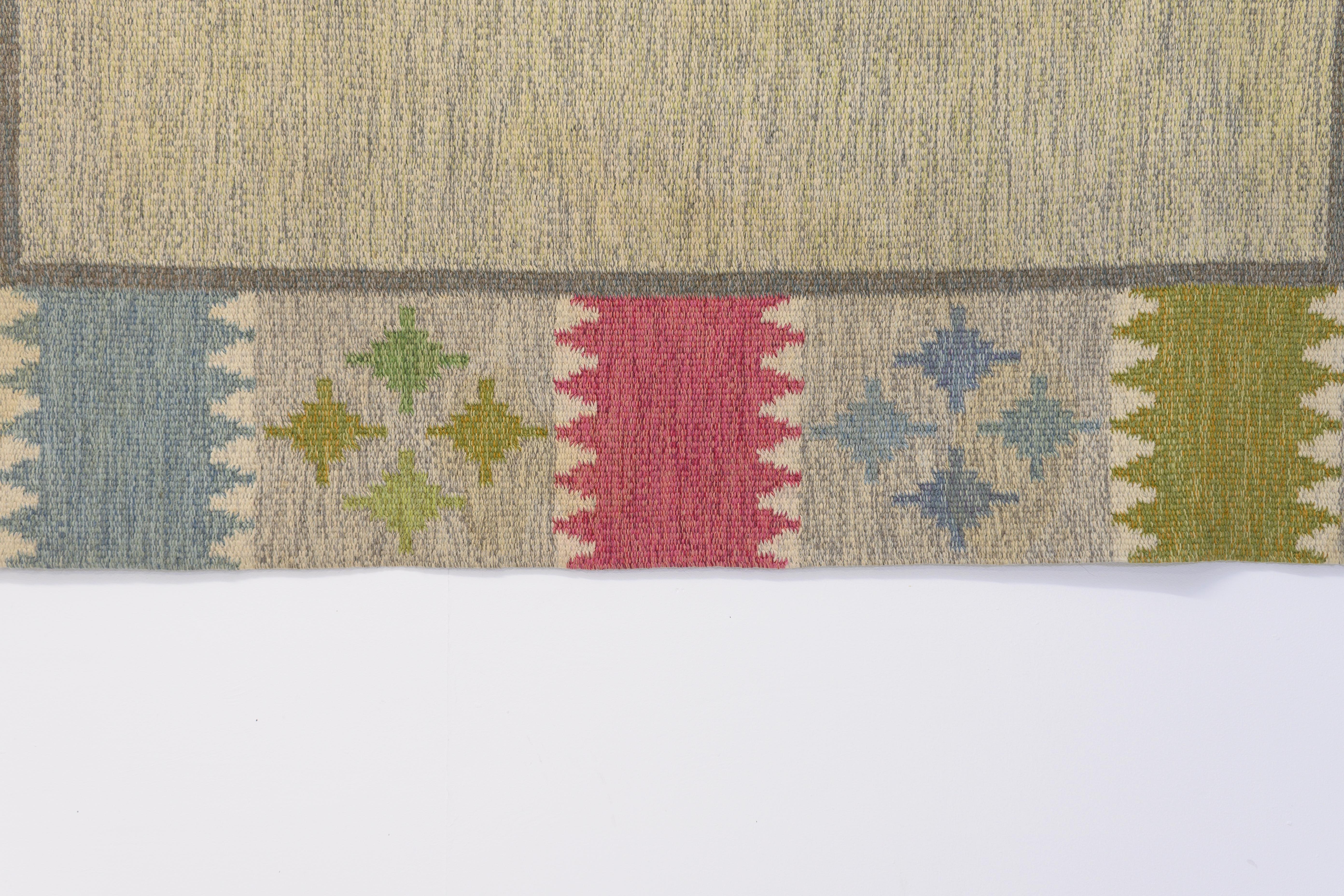 Mid 20th Century Swedish Kilim with Muti-Coloured Border Signed BA In Good Condition For Sale In London, England