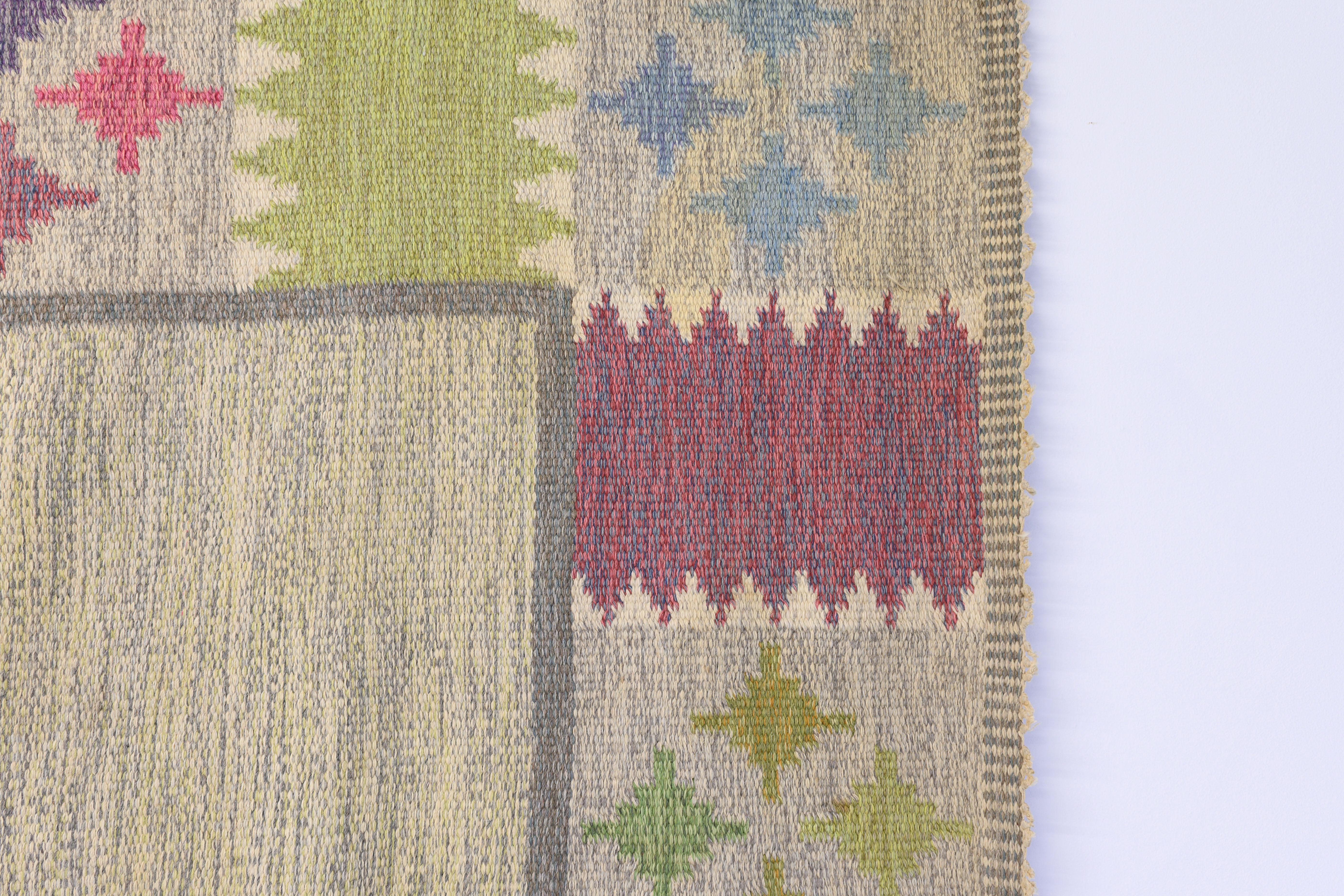 Wool Mid 20th Century Swedish Kilim with Muti-Coloured Border Signed BA For Sale