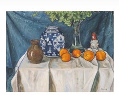 Mid 20th century Swedish oil of a table setting with Chinese porcelain & oranges