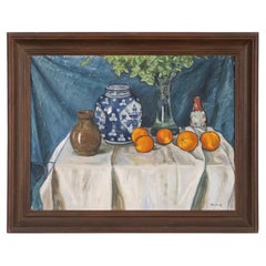 Mid 20th century Swedish oil of a table setting with Chinese porcelain & oranges
