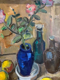 Óleo sueco de mediados del siglo XX sobre lienzo de hibiscos y manzanas