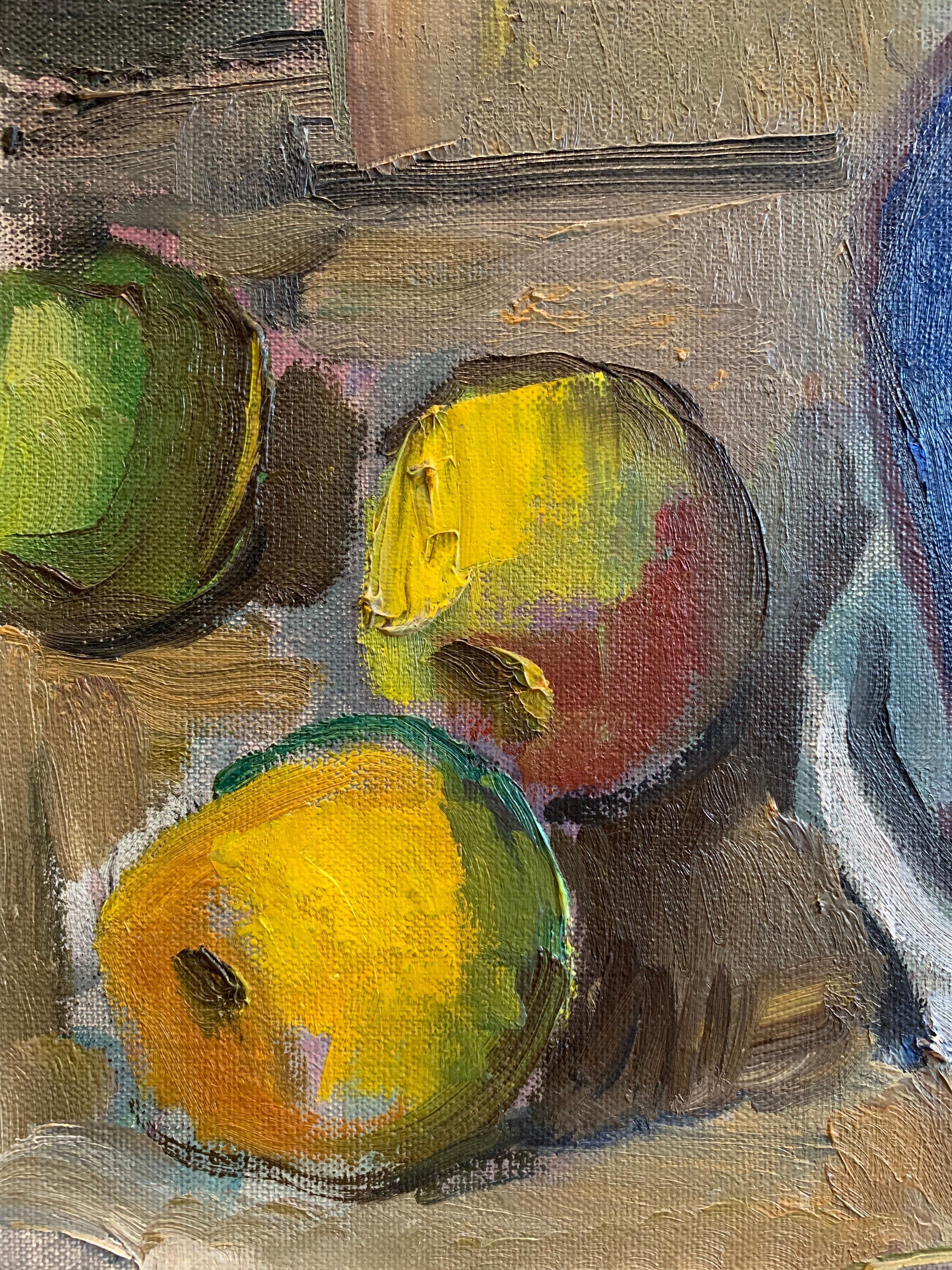 Mid-Century moderno Olio su tela svedese della metà del XX secolo raffigurante ibisco e mele in vendita
