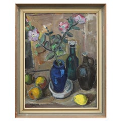 Olio su tela svedese della metà del XX secolo raffigurante ibisco e mele