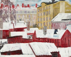 Mid 20th century Swedish oil painting of winter rooftop scene
